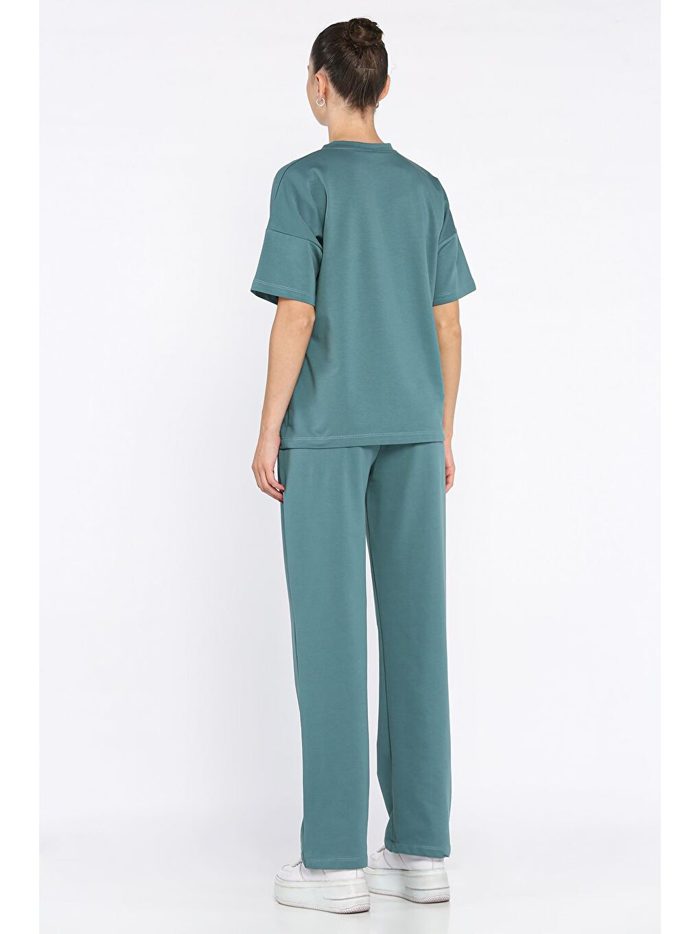 Petrol Kadın Kalp Nakışlı Bisiklet Yaka Tişört Pantolon İkili Takım-2