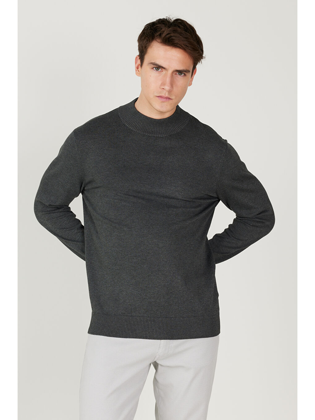 Erkek Antrasit-Melanj Standart Fit Normal Kesim Yarım Balıkçı Yaka Triko Kazak-2