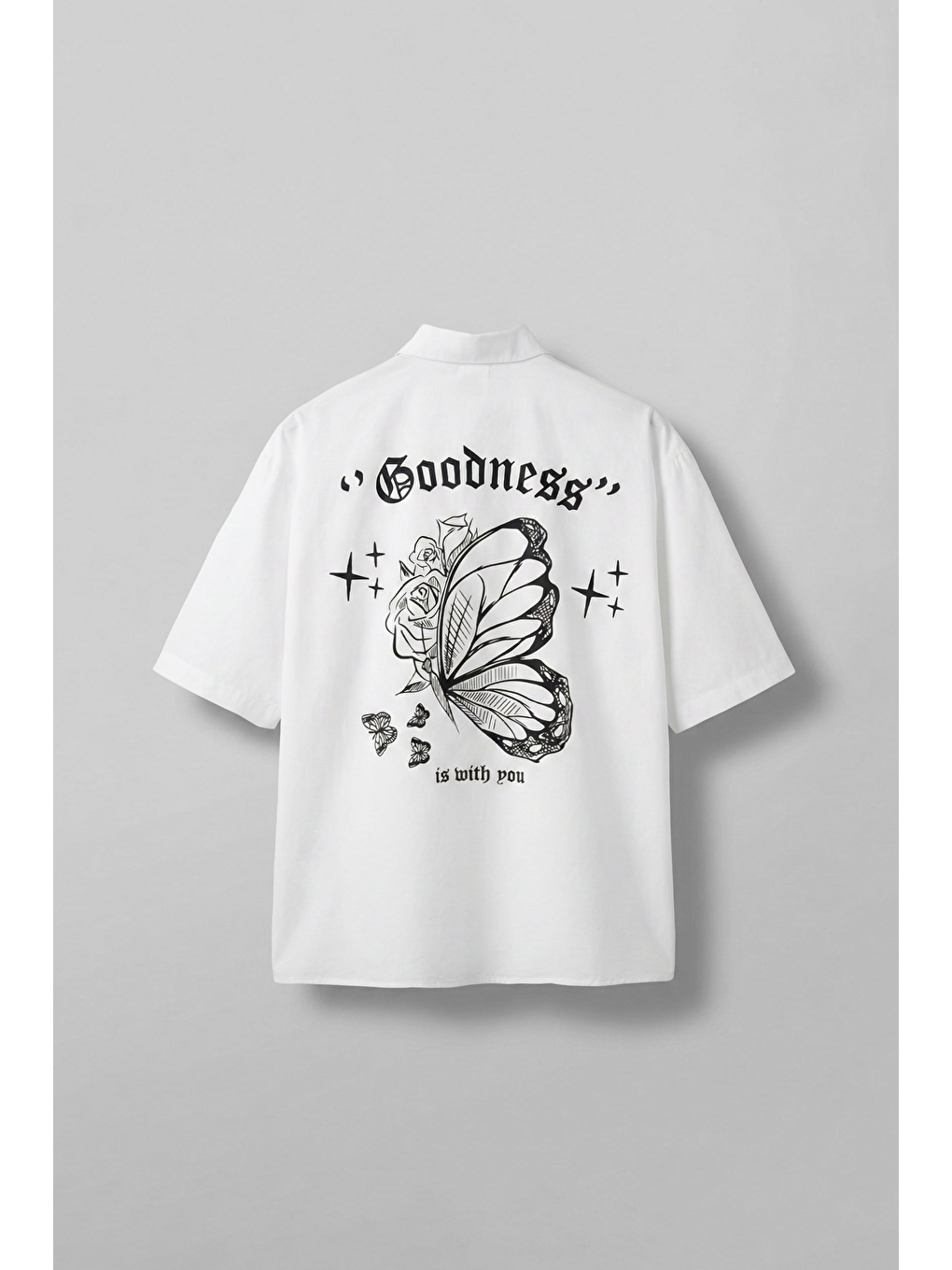 Erkek Sırt Baskılı Kısa Kollu %100 Pamuk Gömlek Beyaz