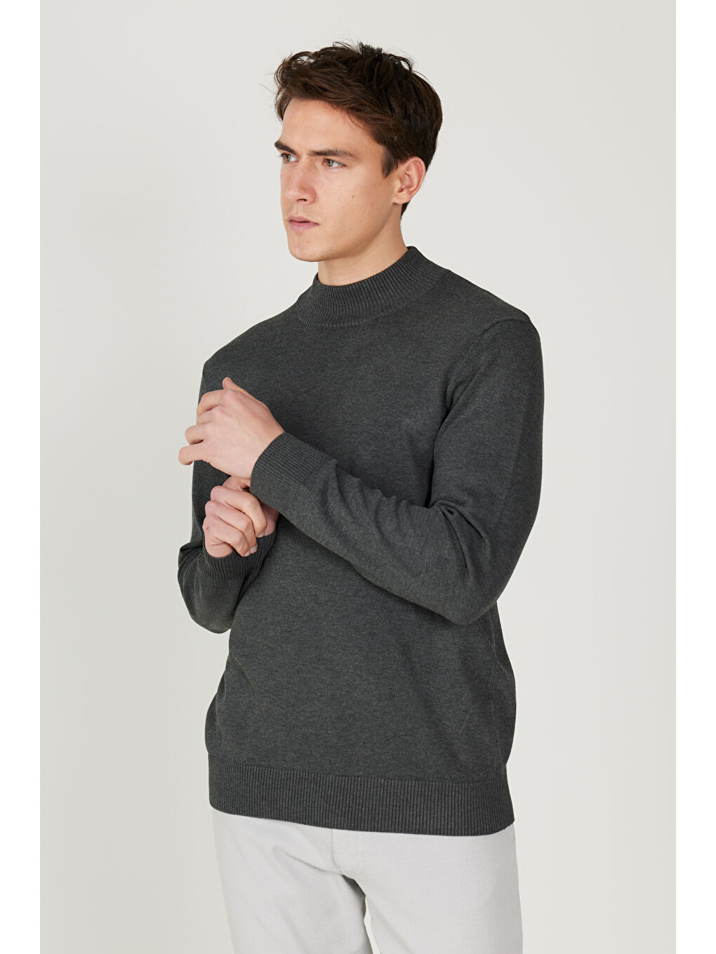 Erkek Antrasit-Melanj Standart Fit Normal Kesim Yarım Balıkçı Yaka Triko Kazak-3