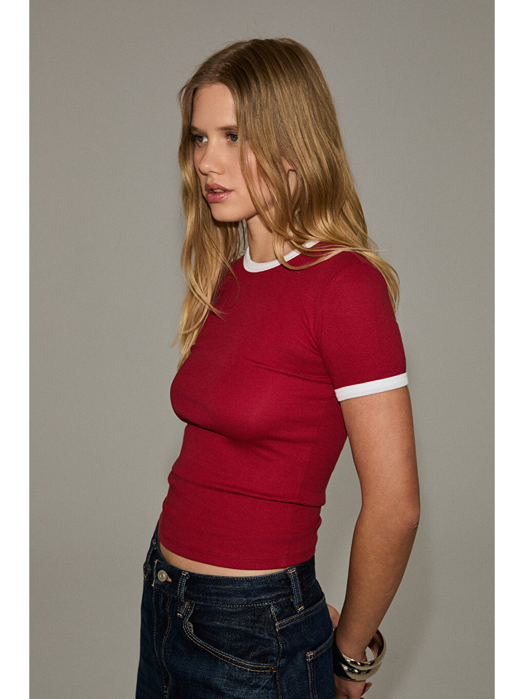 Asterıque Kadın Yumuşak Ve Esnek Kumaşlı Kontrast Biyeli Slim Fit Kırmızı T-shirt-4