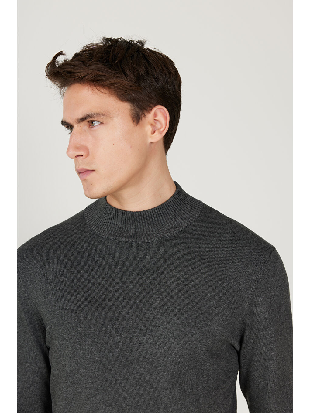 Erkek Antrasit-Melanj Standart Fit Normal Kesim Yarım Balıkçı Yaka Triko Kazak-4