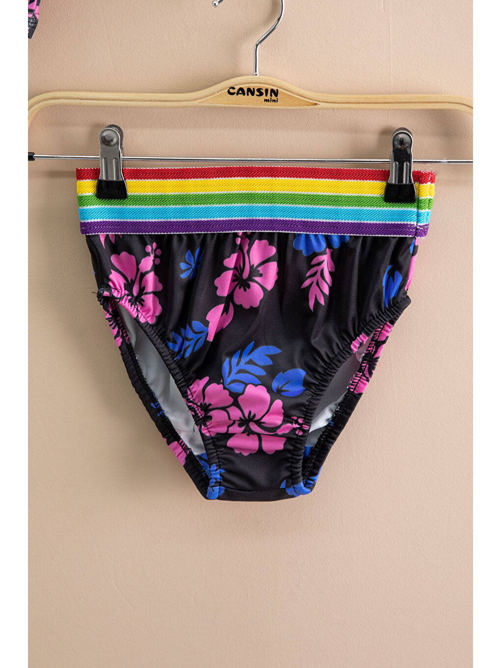 Siyah Çiçek Desenli Şeritli Kız Çocuk 2li Mayo Takımı 21112-1