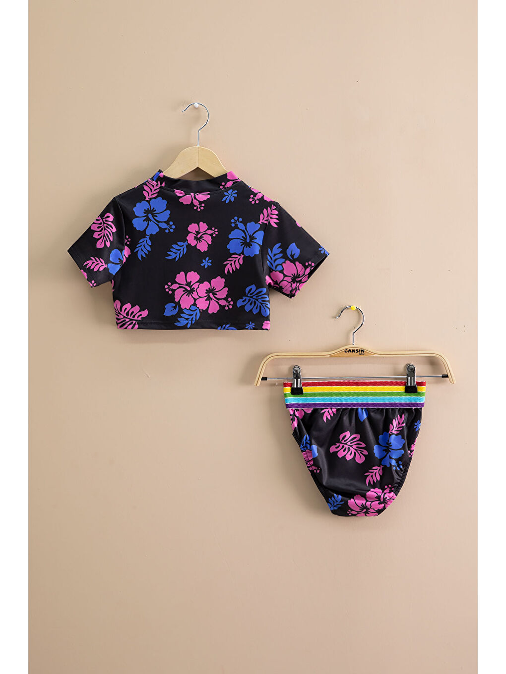 Siyah Çiçek Desenli Şeritli Kız Çocuk 2li Mayo Takımı 21112-2