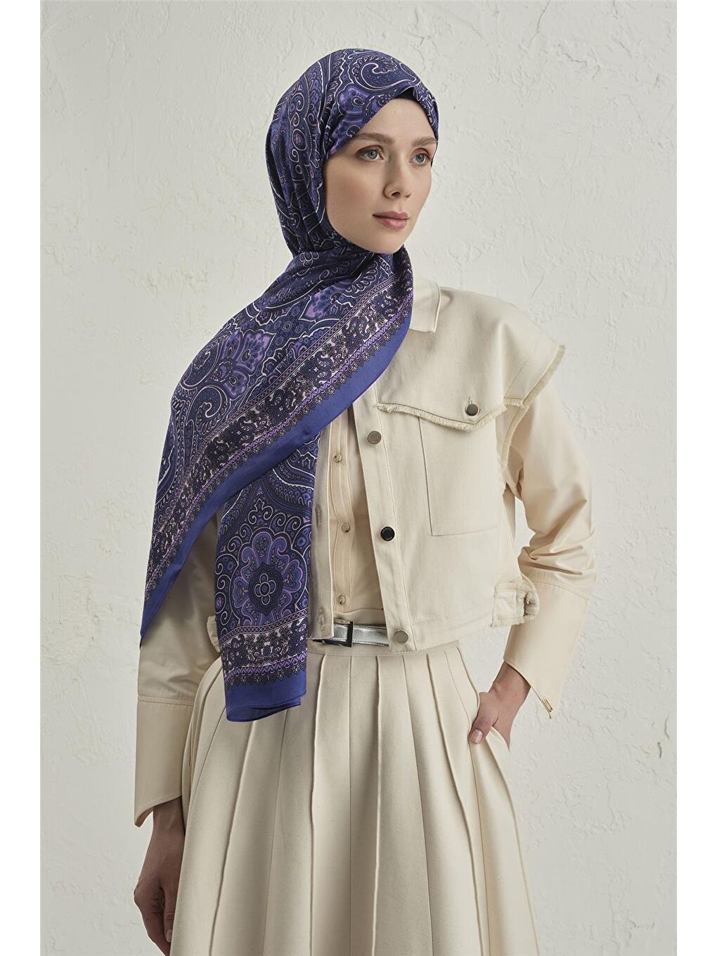 Lacivert Premium Pure Etnik Desen Şal 3 03