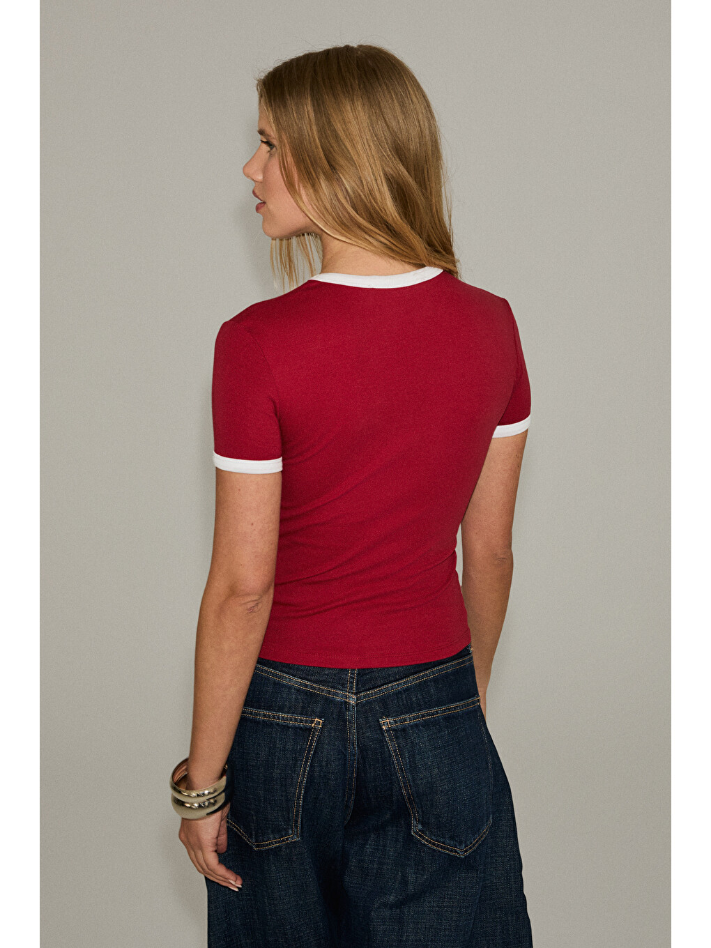 Asterıque Kadın Yumuşak Ve Esnek Kumaşlı Kontrast Biyeli Slim Fit Kırmızı T-shirt-5