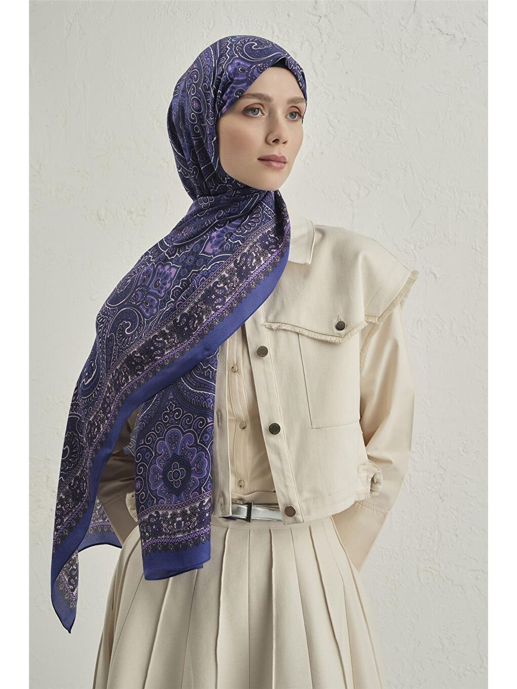 Lacivert Premium Pure Etnik Desen Şal 3 03-1