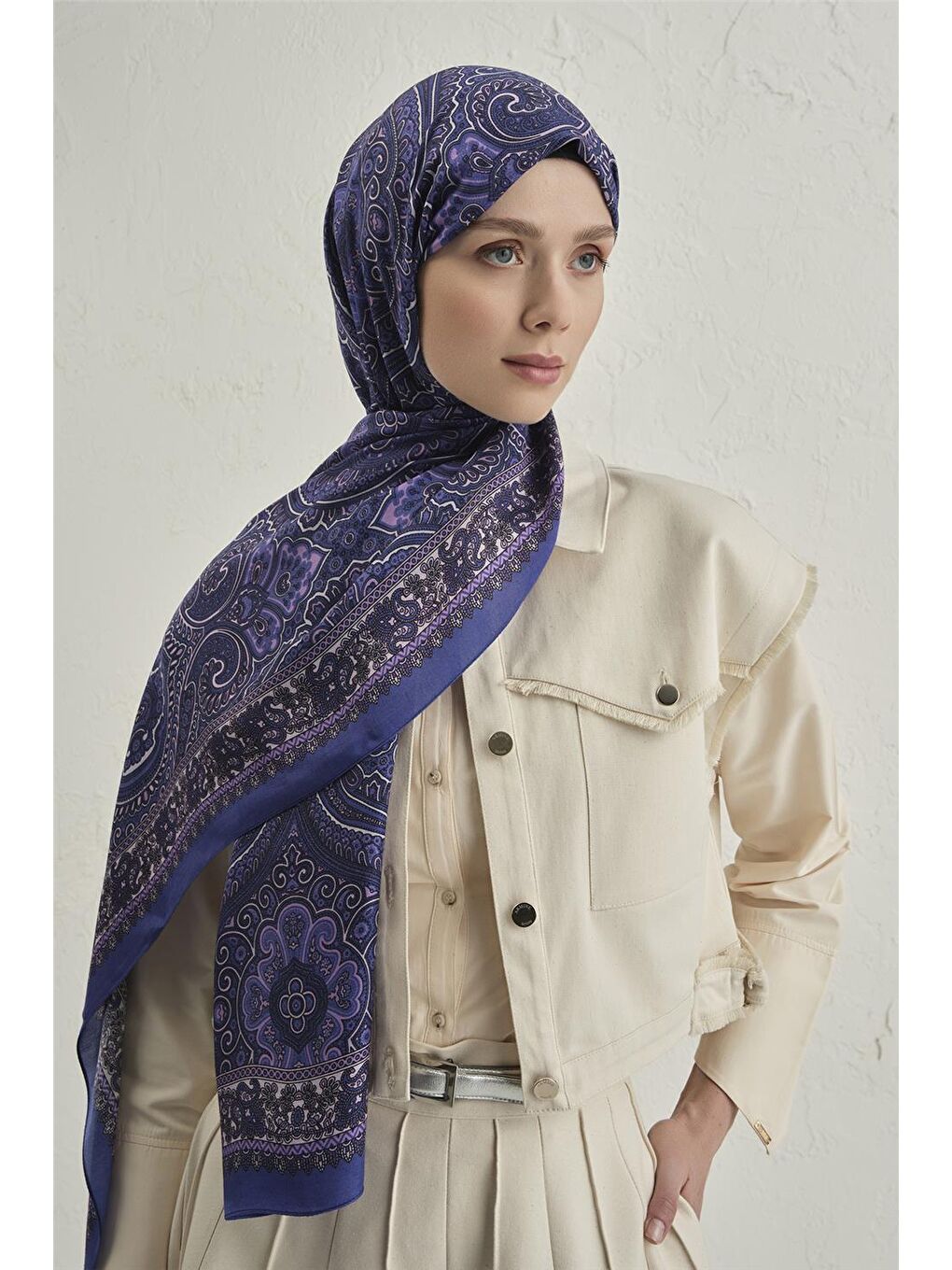 Lacivert Premium Pure Etnik Desen Şal 3 03-2