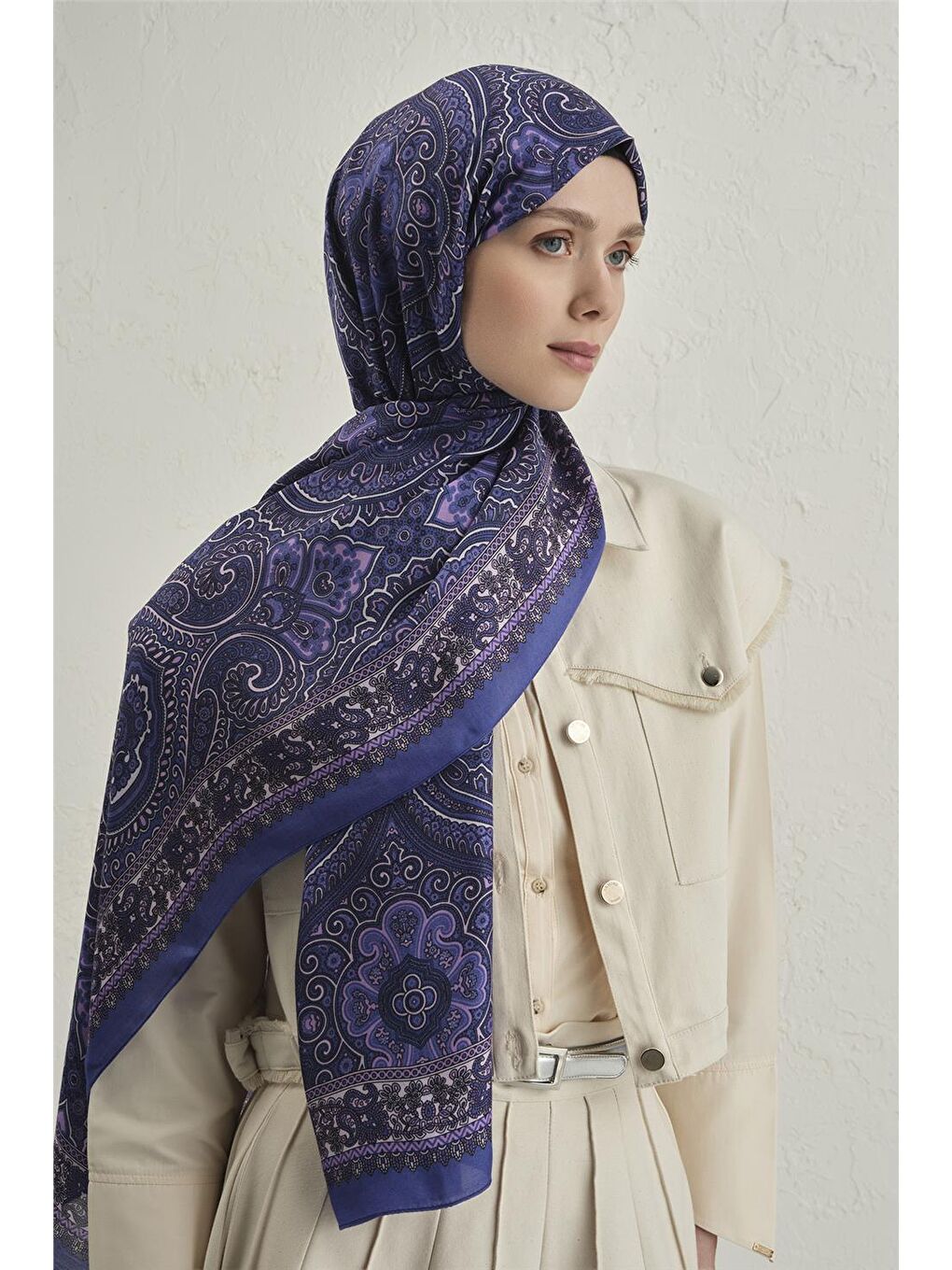 Lacivert Premium Pure Etnik Desen Şal 3 03-3