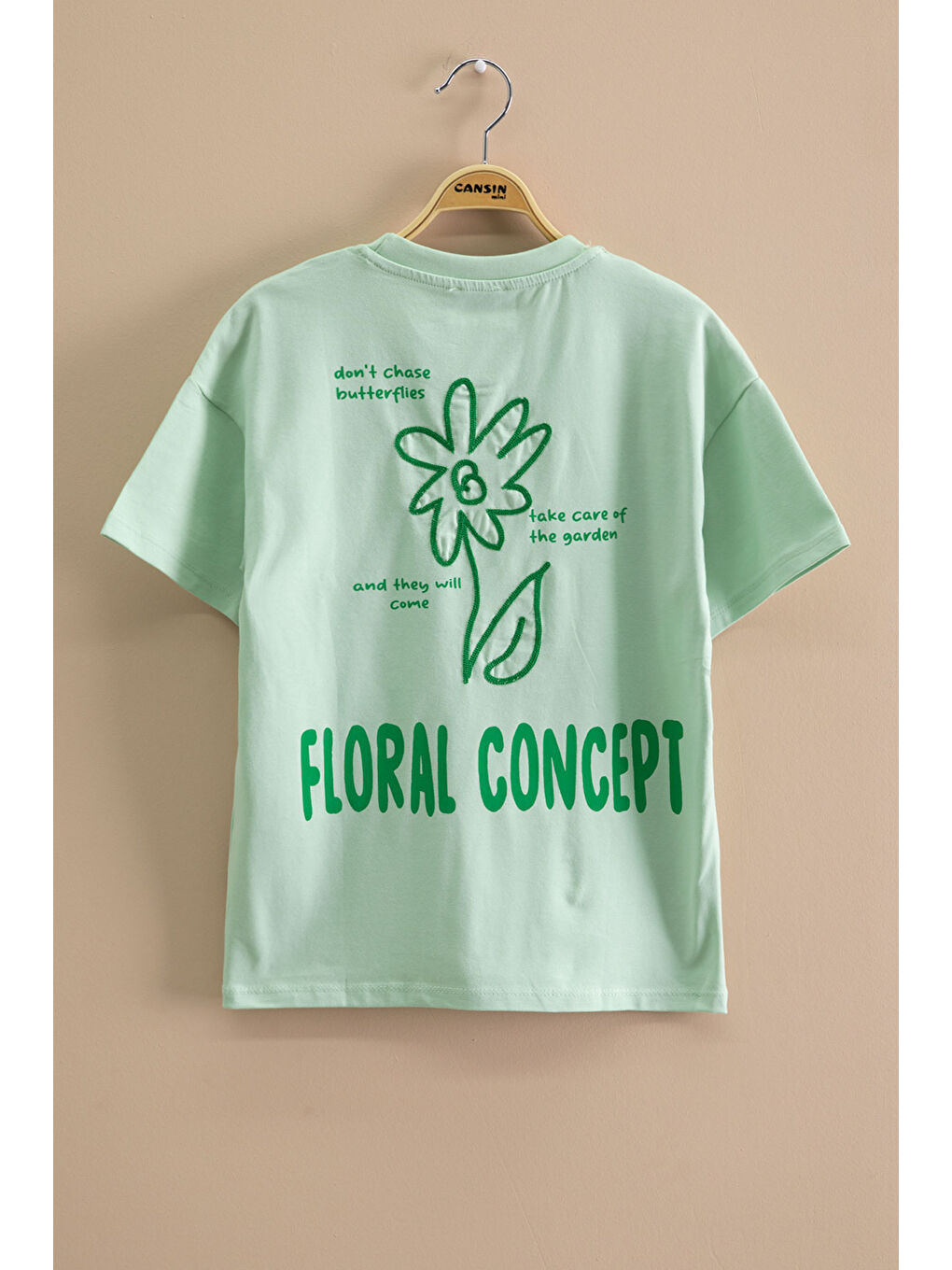 Yeşil Çiçek Baskılı Sırtı Yazılı Kız Çocuk Bisiklet Yaka Tişört 20967-1