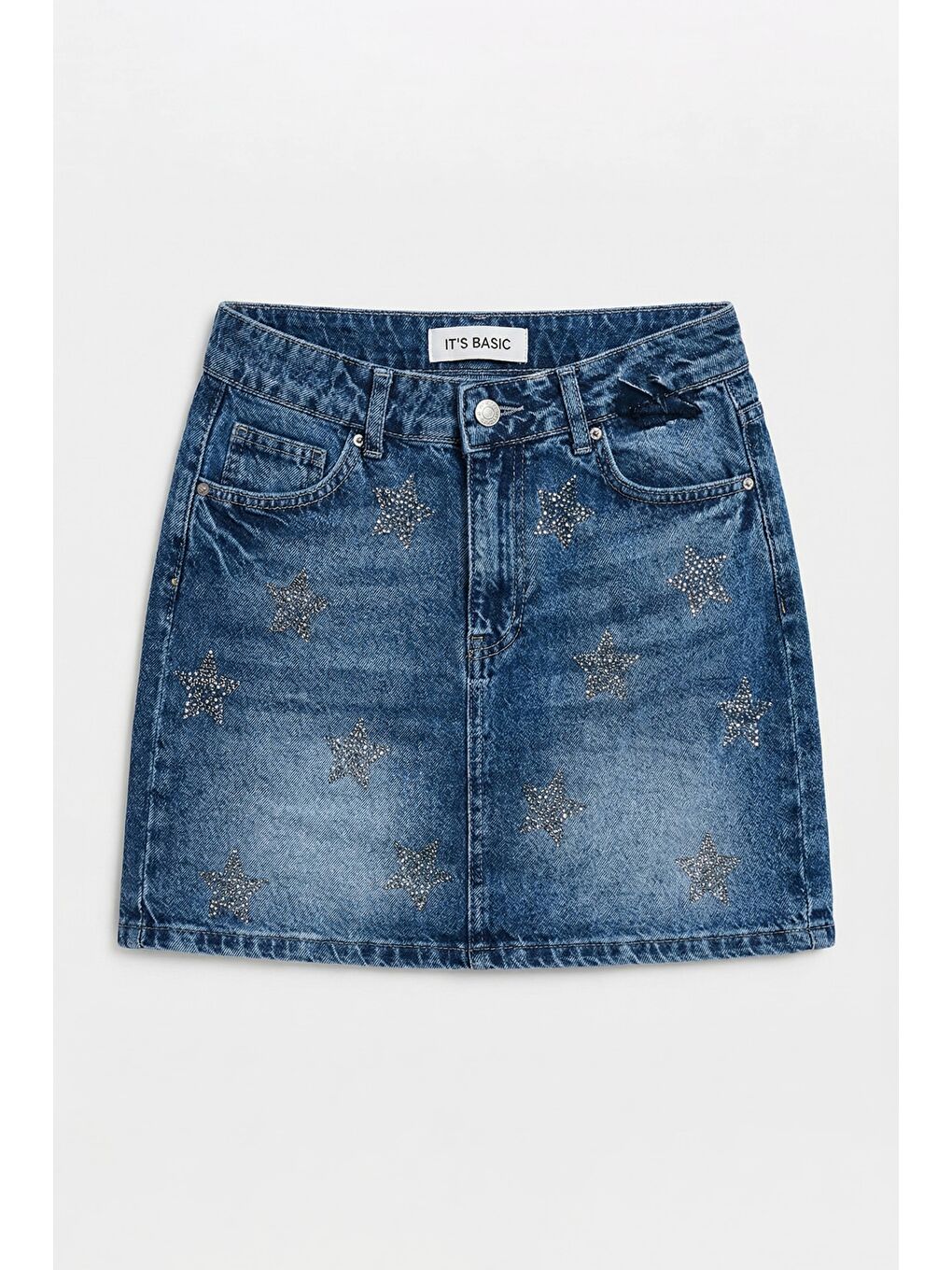Kadın Mavi T-4s6-4 Straight Mini Parlak Yıldız Taşlı Özel Tasarım Denim Etek-1