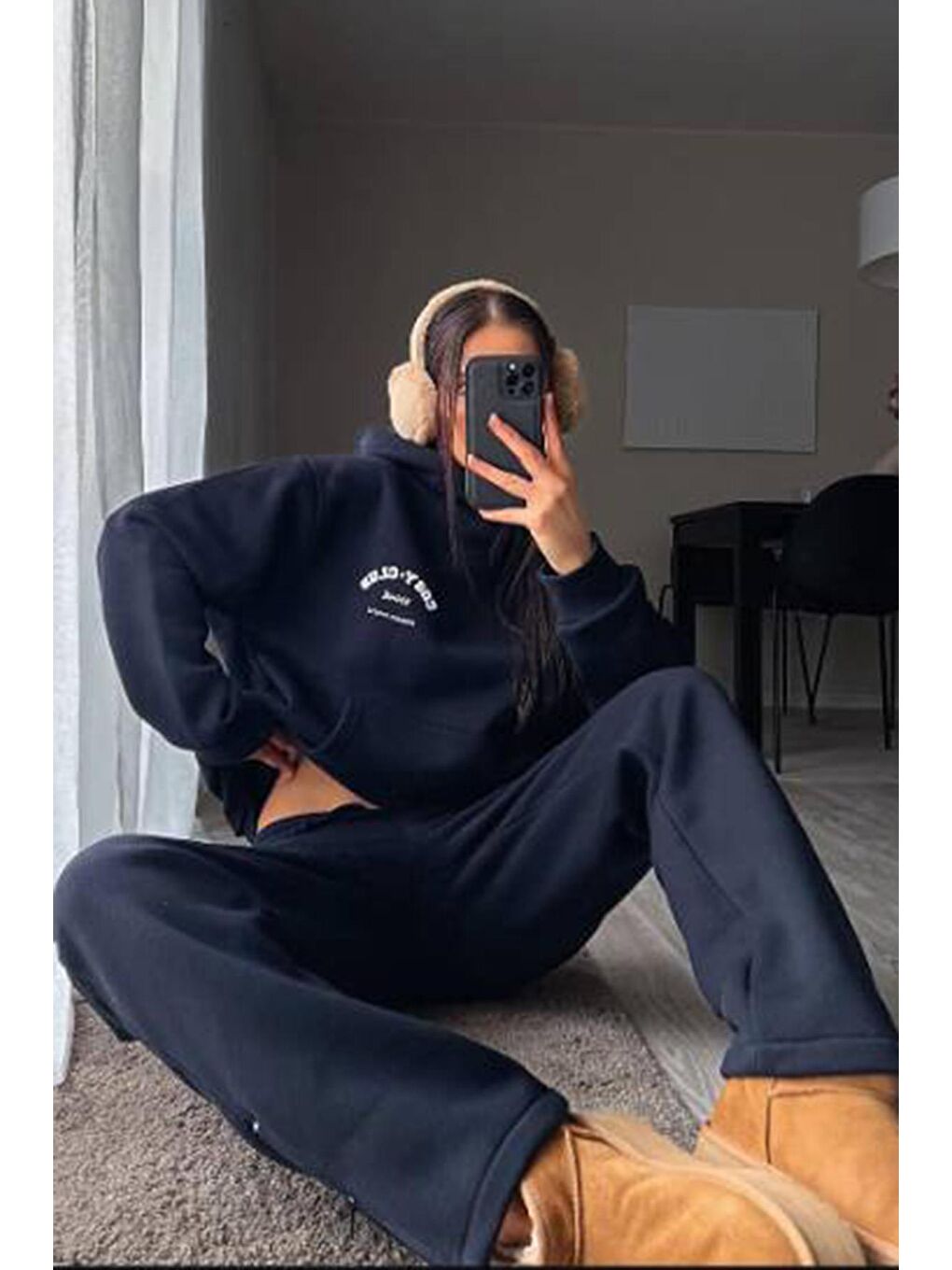 Lacivert Kapüşonlu Baskılı Kadın Eşofman Takımı Mg2524-1