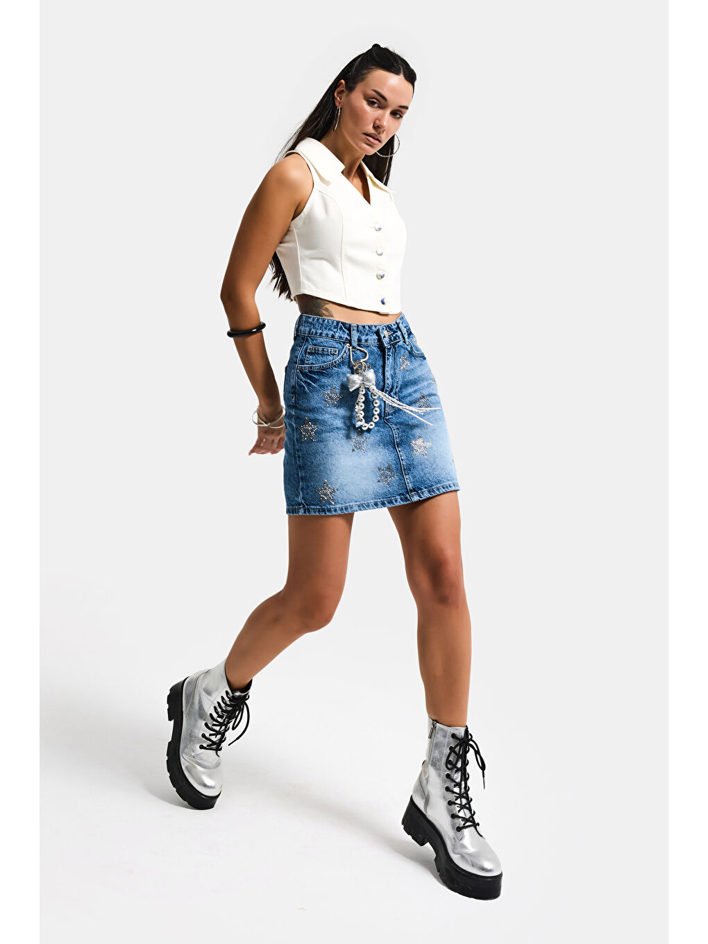 Kadın Mavi T-4s6-4 Straight Mini Parlak Yıldız Taşlı Özel Tasarım Denim Etek-2