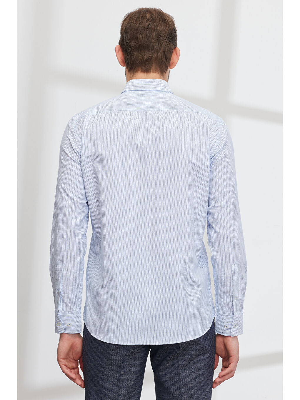 Erkek Beyaz-Mavi Slim Fit Dar Kesim Gizli Düğme Yaka Baskılı Gömlek-5