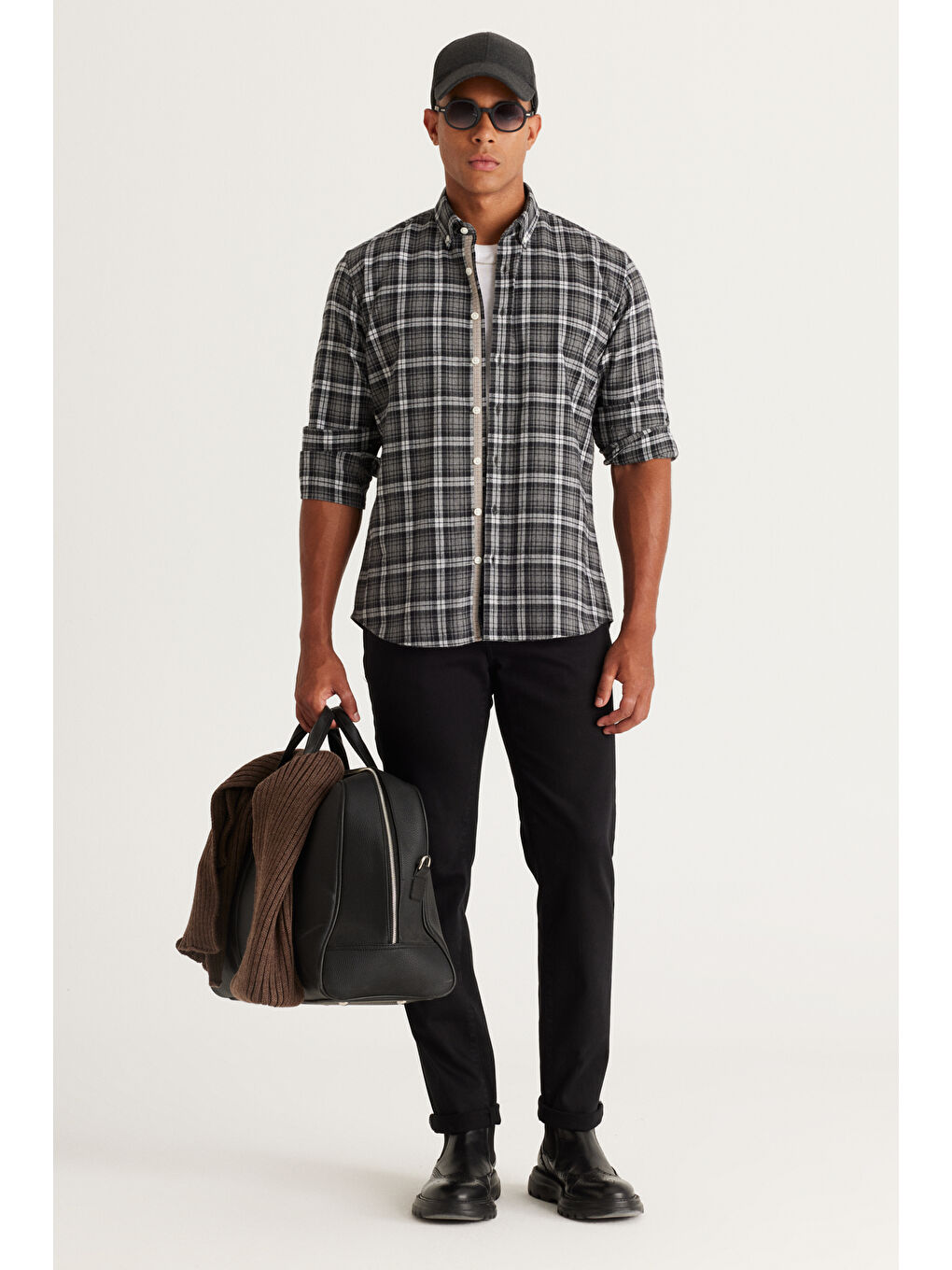 Erkek Antrasit-Gri Comfort Fit Rahat Kesim Düğmeli Yaka Pamuklu Kareli Gömlek-1