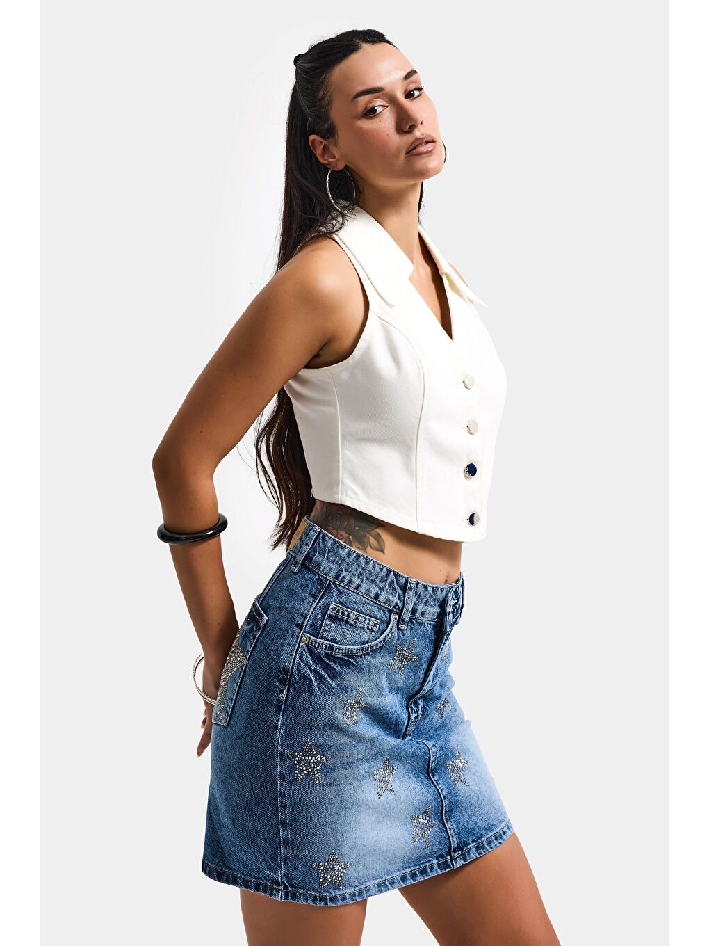 Kadın Mavi T-4s6-4 Straight Mini Parlak Yıldız Taşlı Özel Tasarım Denim Etek-5