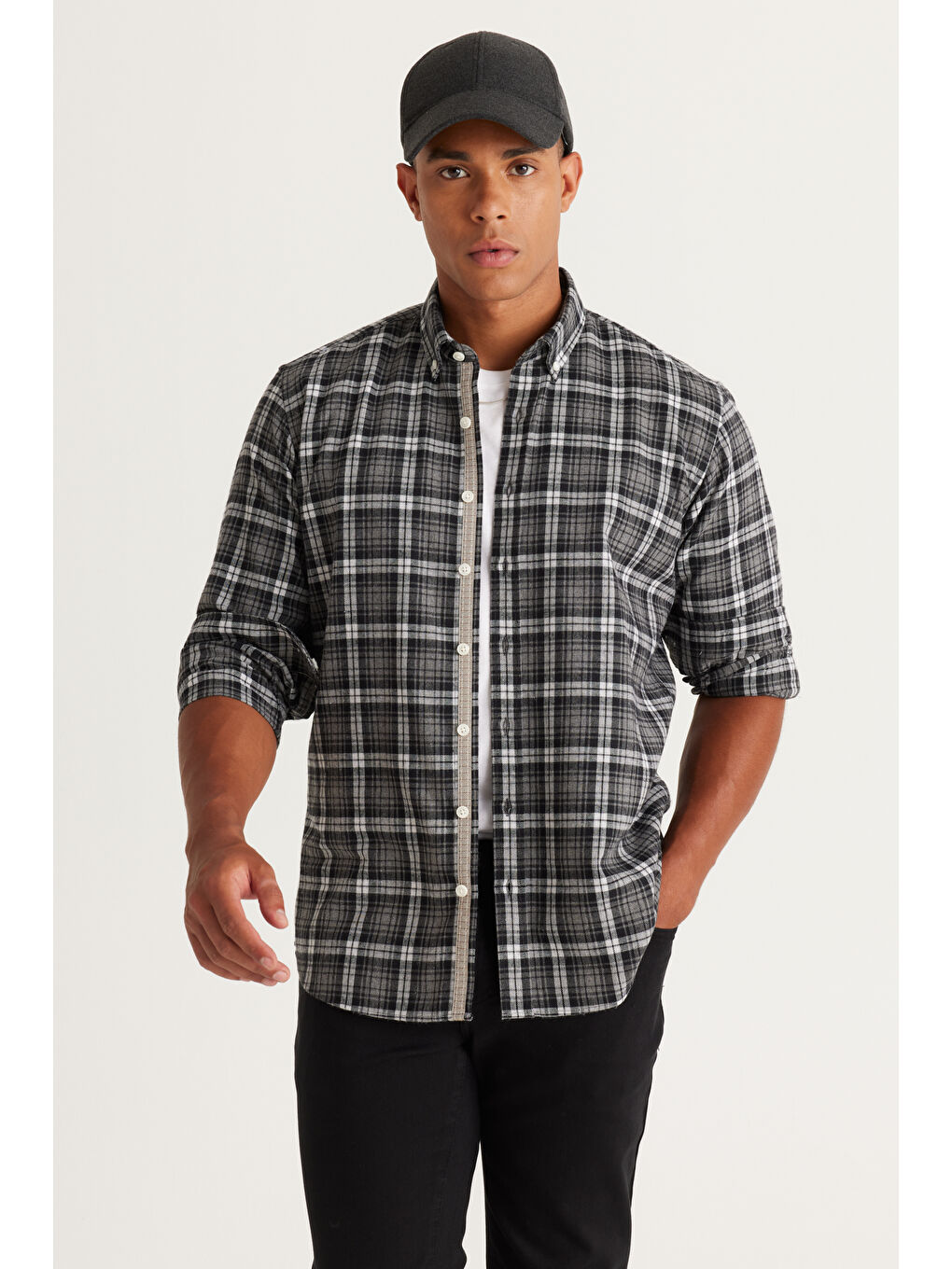 Erkek Antrasit-Gri Comfort Fit Rahat Kesim Düğmeli Yaka Pamuklu Kareli Gömlek-2