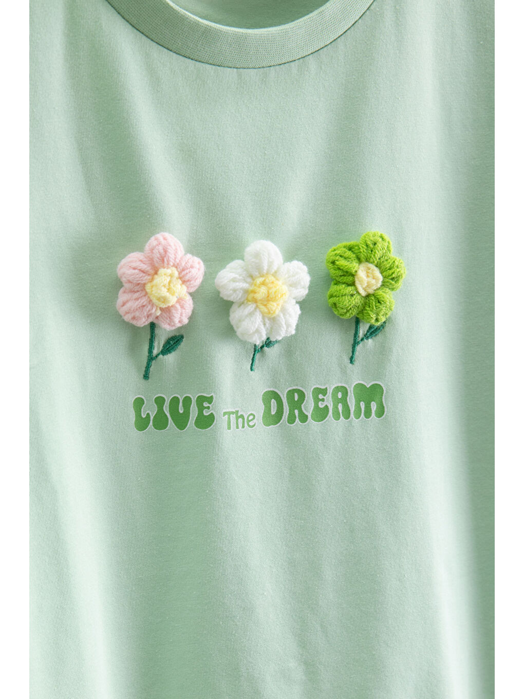 Yeşil Papatya Nakışlı Bisiklet Yaka Kız Çocuk Tişört 20986-1