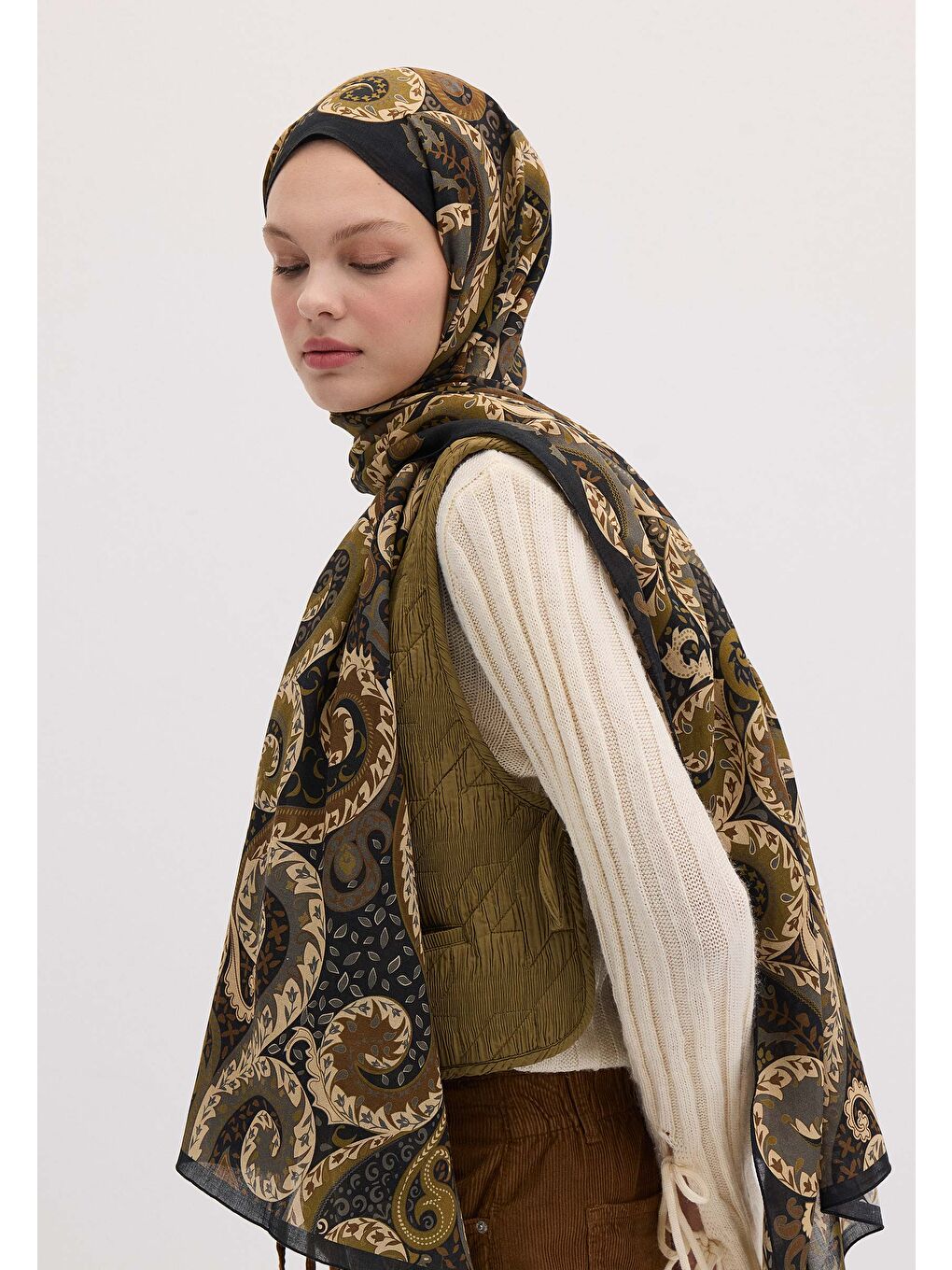 Asenath Desen Şal Zeytin Yeşili-2