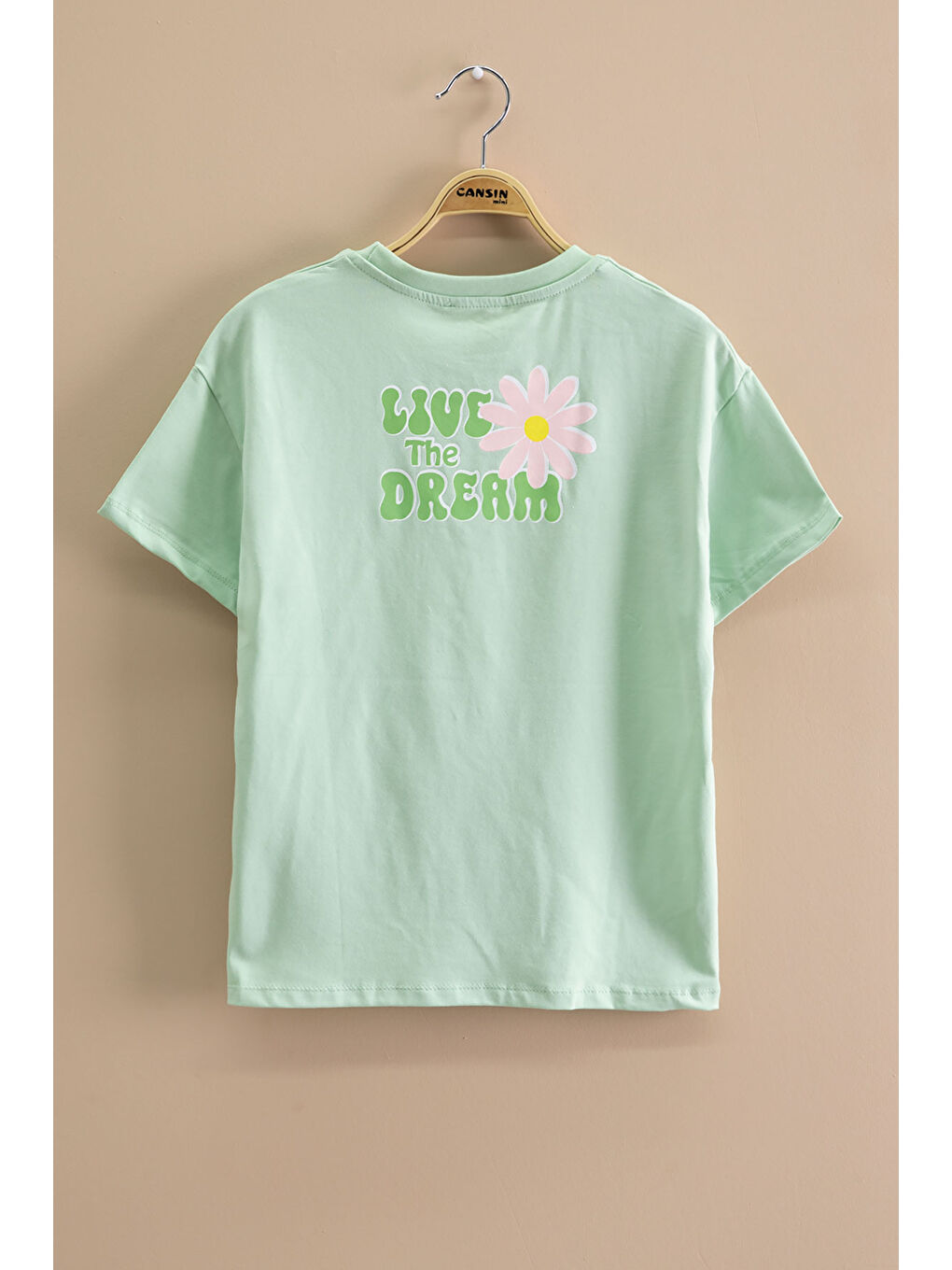 Yeşil Papatya Nakışlı Bisiklet Yaka Kız Çocuk Tişört 20986-2