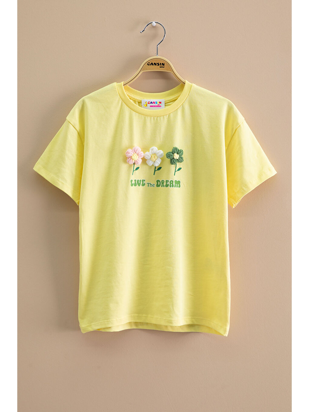 Sarı Papatya Nakışlı Bisiklet Yaka Kız Çocuk Tişört 20982