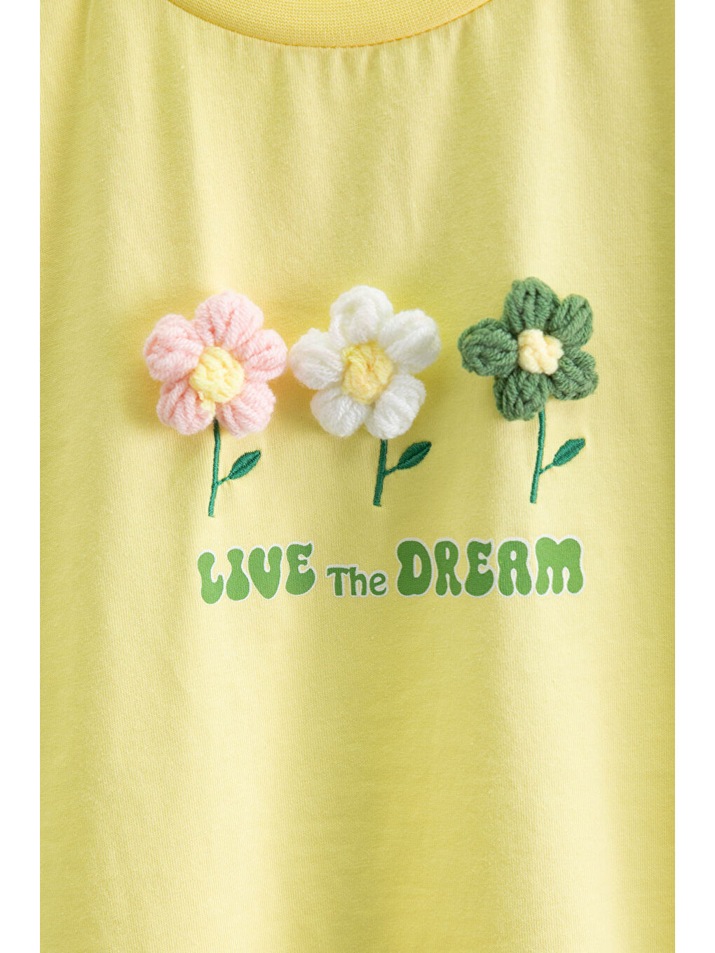 Sarı Papatya Nakışlı Bisiklet Yaka Kız Çocuk Tişört 20982-1