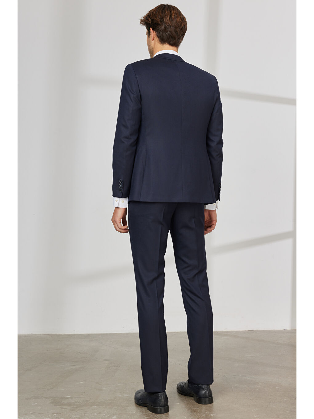 Erkek Lacivert Ekstra Slim Fit Dar Kesim Yünlü Armürlü Yelekli Takım Elbise-6