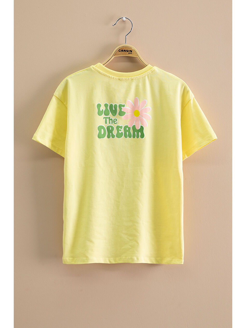 Sarı Papatya Nakışlı Bisiklet Yaka Kız Çocuk Tişört 20982-2