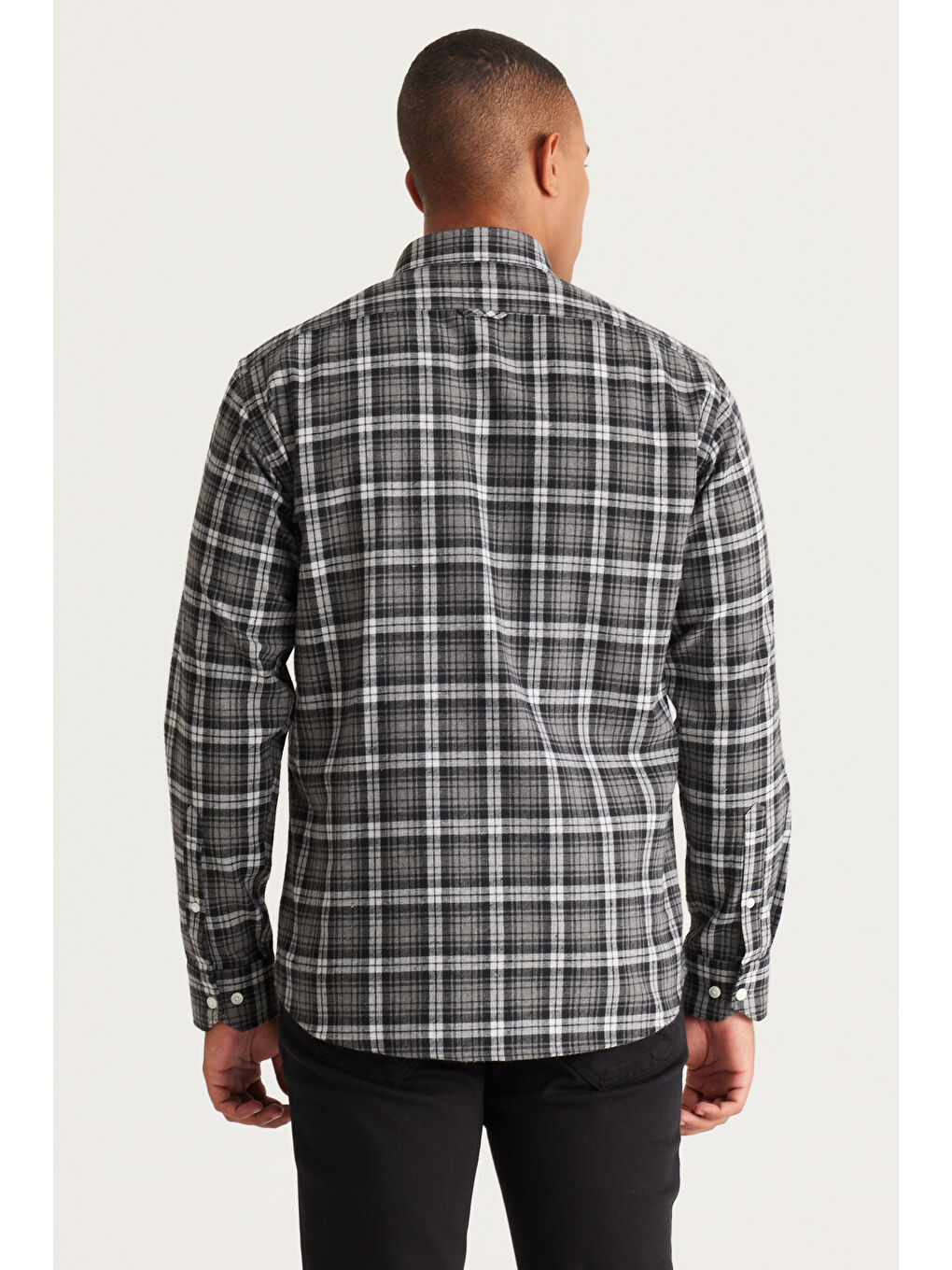 Erkek Antrasit-Gri Comfort Fit Rahat Kesim Düğmeli Yaka Pamuklu Kareli Gömlek-5