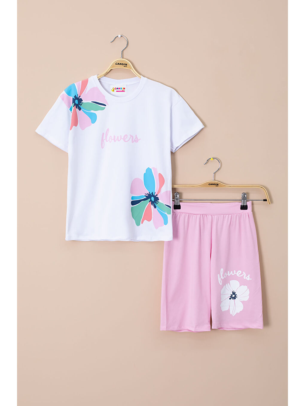 Pembe Omzu Çiçek Baskılı Tİşörtlü Şortlu Kız Çocuk 2li Takım 21066