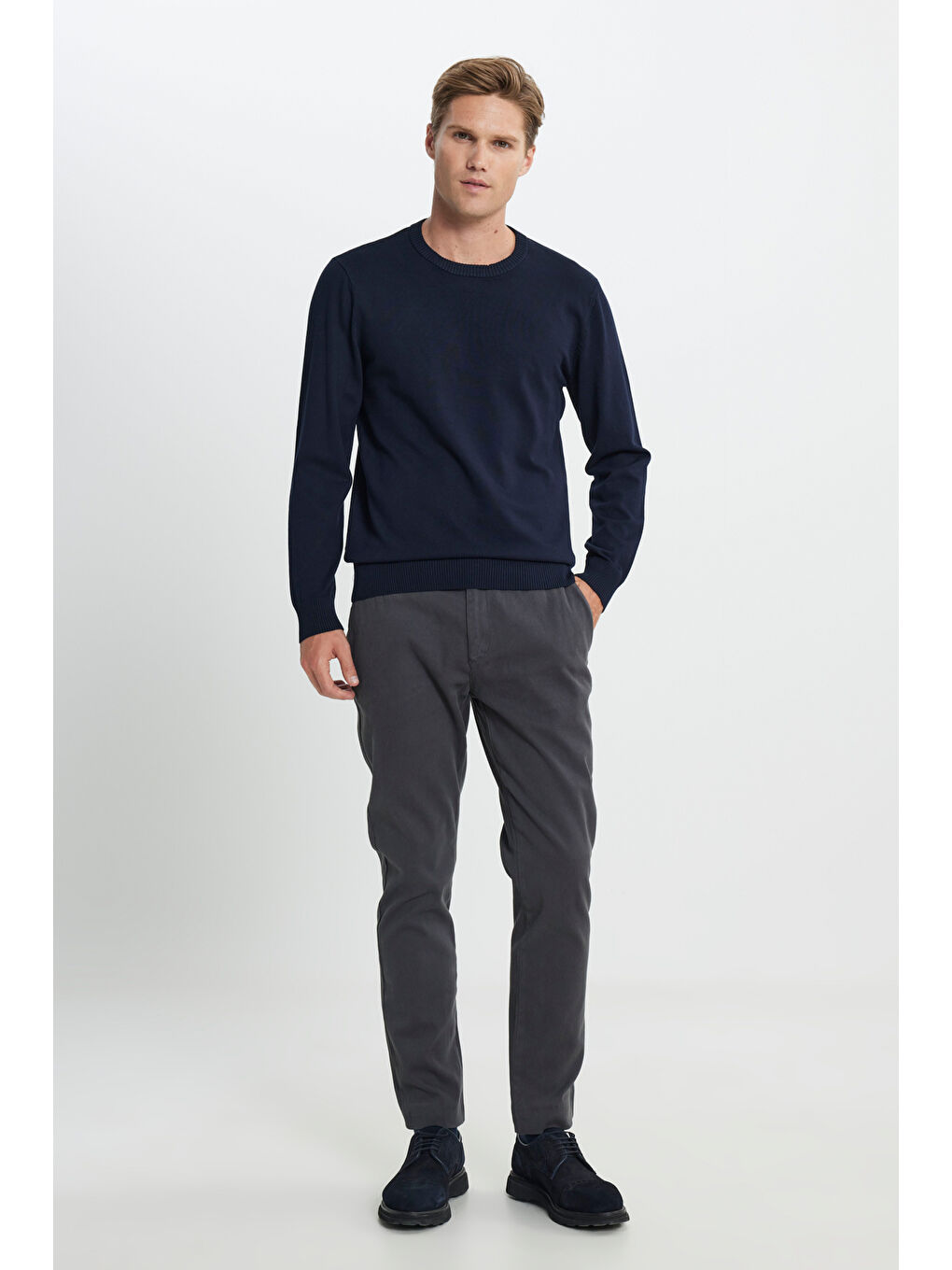 Erkek Lacivert Standart Fit Normal Kesim Bisiklet Yaka Triko Kazak-1