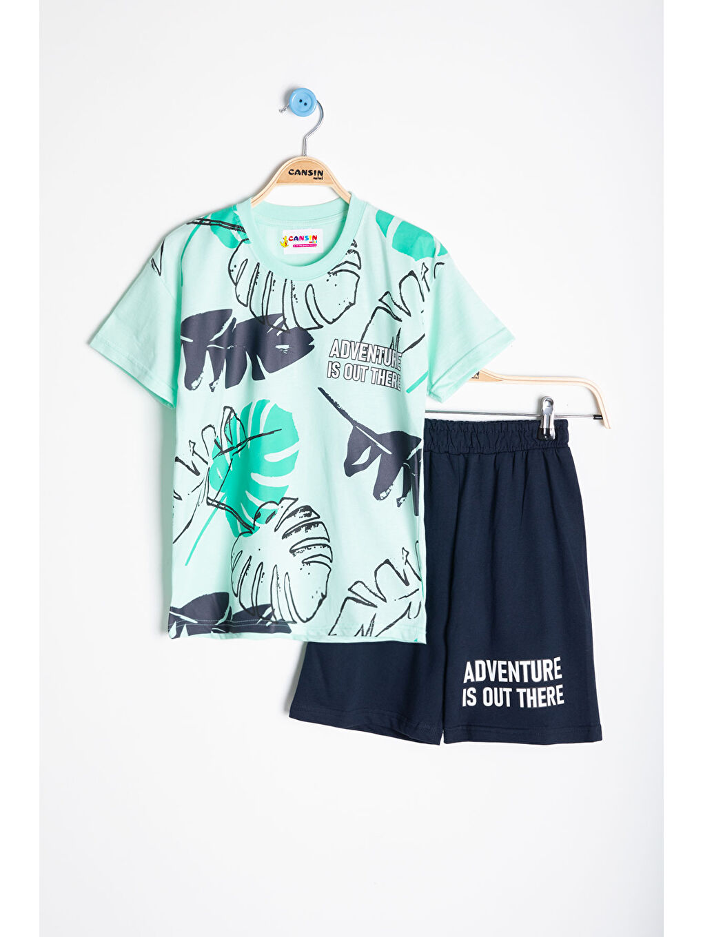 Yeşil Mint Yaprak Baskılı Bisiklet Yaka Erkek Çocuk 2li Şortlu Takım 21059