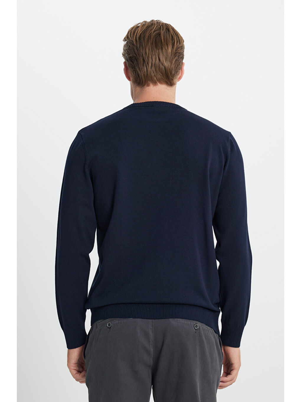 Erkek Lacivert Standart Fit Normal Kesim Bisiklet Yaka Triko Kazak-4