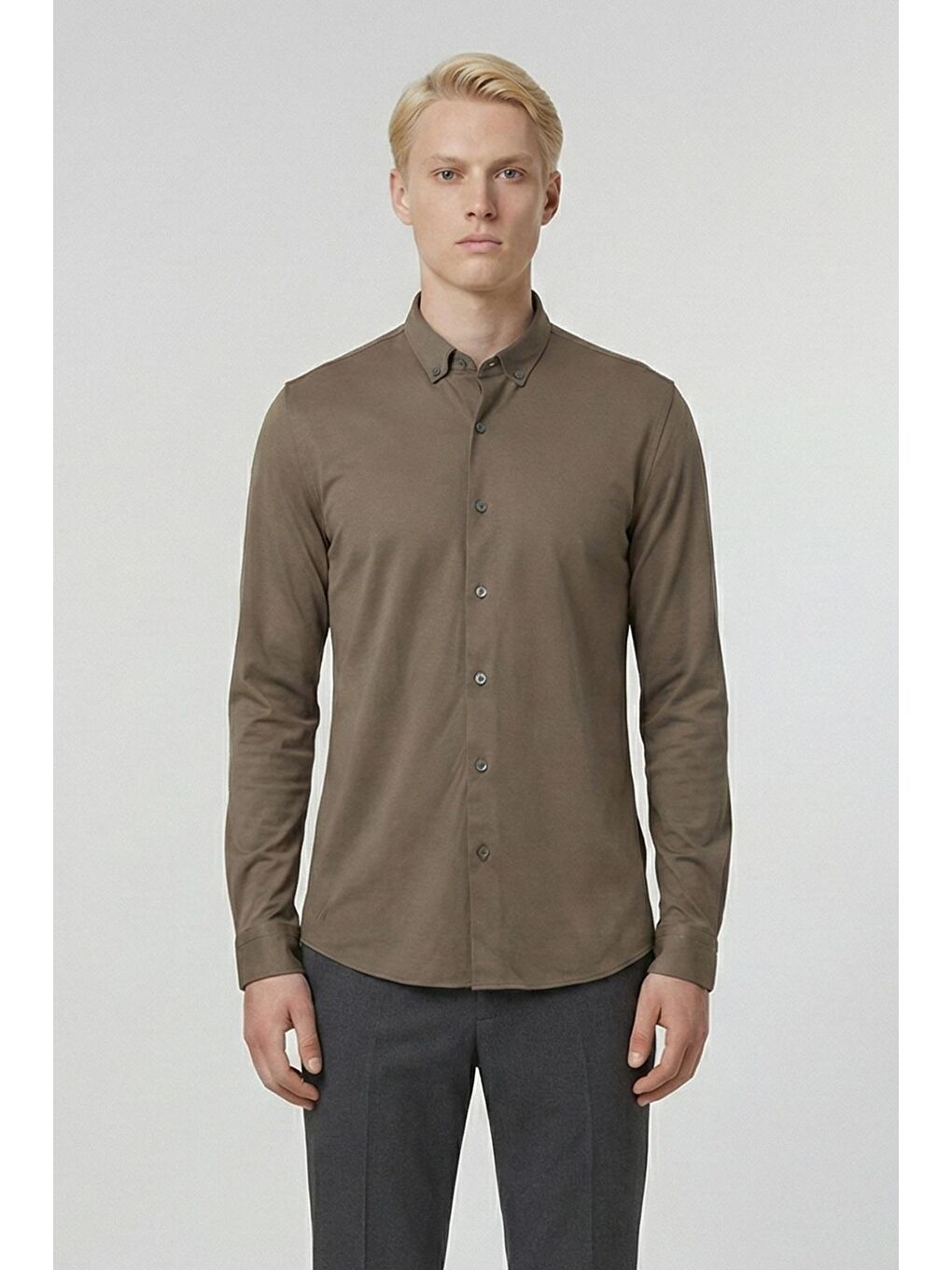 Giotelli Koyu Haki Slim Fit %100 Pamuk Düğmeli Yaka Erkek Gömlek
