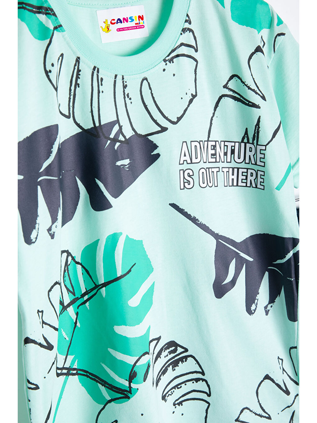 Yeşil Mint Yaprak Baskılı Bisiklet Yaka Erkek Çocuk 2li Şortlu Takım 21059-1