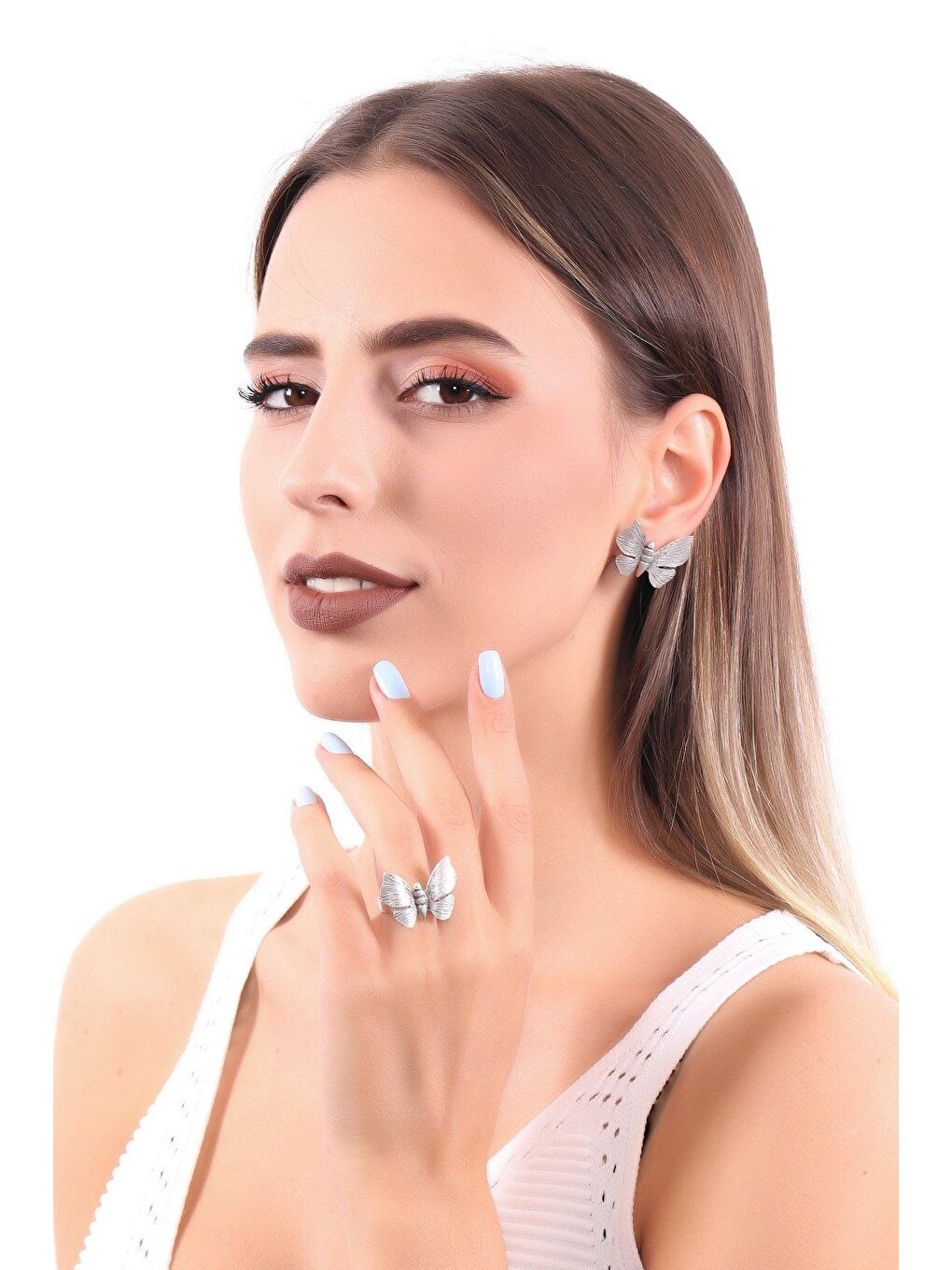 Gri Kadın Antik Gümüş Kaplama Ayarlanabilir Kelebek Küpe& Yüzük 2'li Set-3