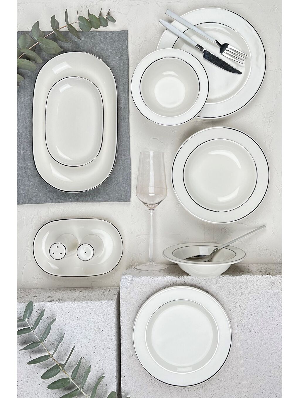 Beyaz Platin Yaldız Yemek Takımı 12 Kişilik 53 Parça BNS53YKPRS1081-3