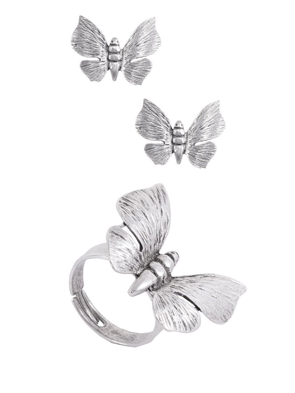 Gri Kadın Antik Gümüş Kaplama Ayarlanabilir Kelebek Küpe& Yüzük 2'li Set