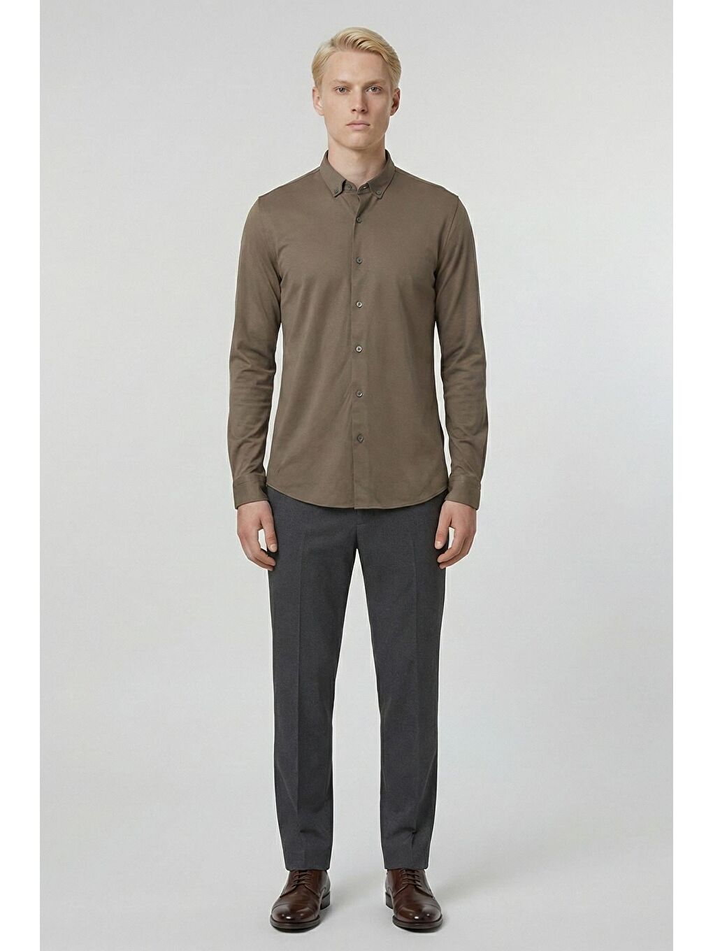Giotelli Koyu Haki Slim Fit %100 Pamuk Düğmeli Yaka Erkek Gömlek-1