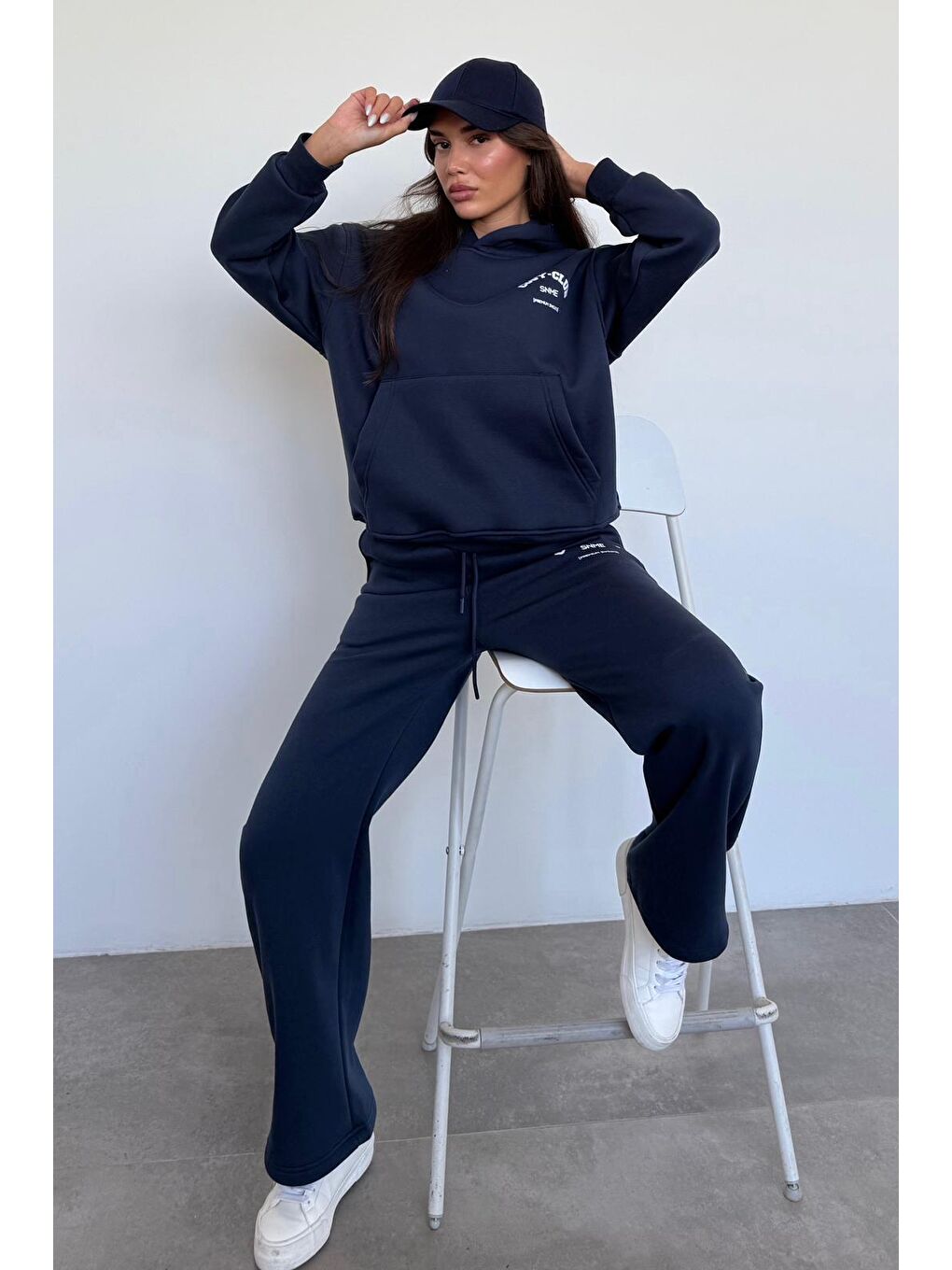 Lacivert Kapüşonlu Baskılı Kadın Eşofman Takımı Mg2524-2