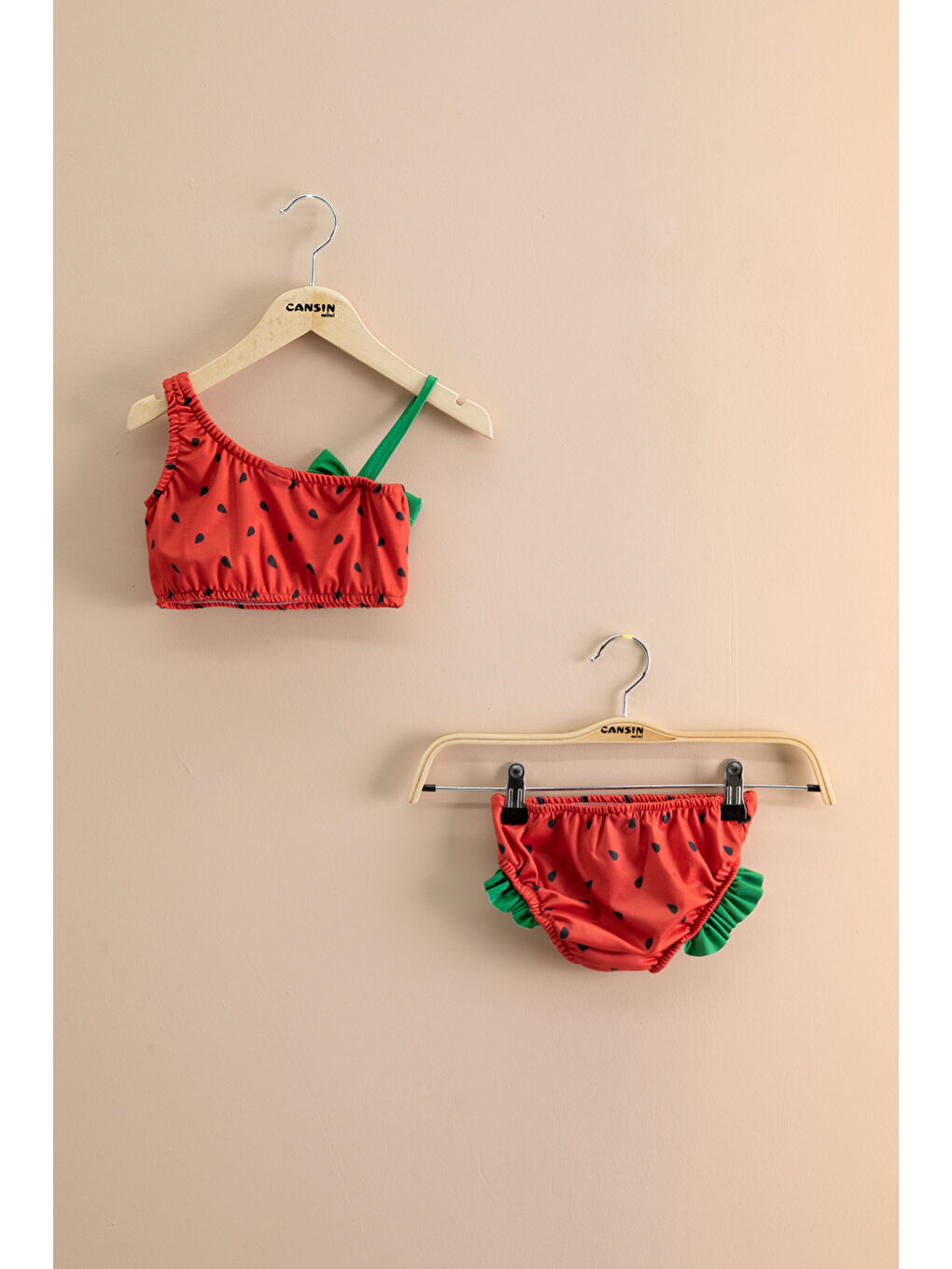 Kırmızı Karpuz Desenli Fiyonklu Kız Çocuk Omuz Askılı Bikini 21113-3