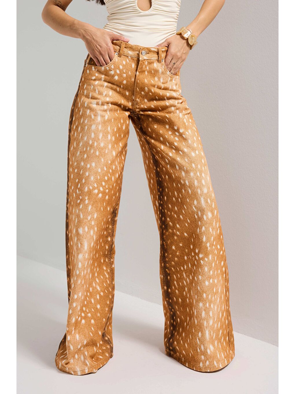 Kahverengi Kadın Kahve 7s6 Bambi Desen Palazzo Fit Özel Kumaş Tasarım Denim Jean