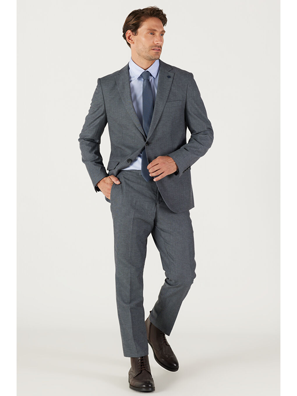 Erkek Antrasit Slim Fit Dar Kesim Mono Yaka Armürlü Klasik Takım Elbise-1