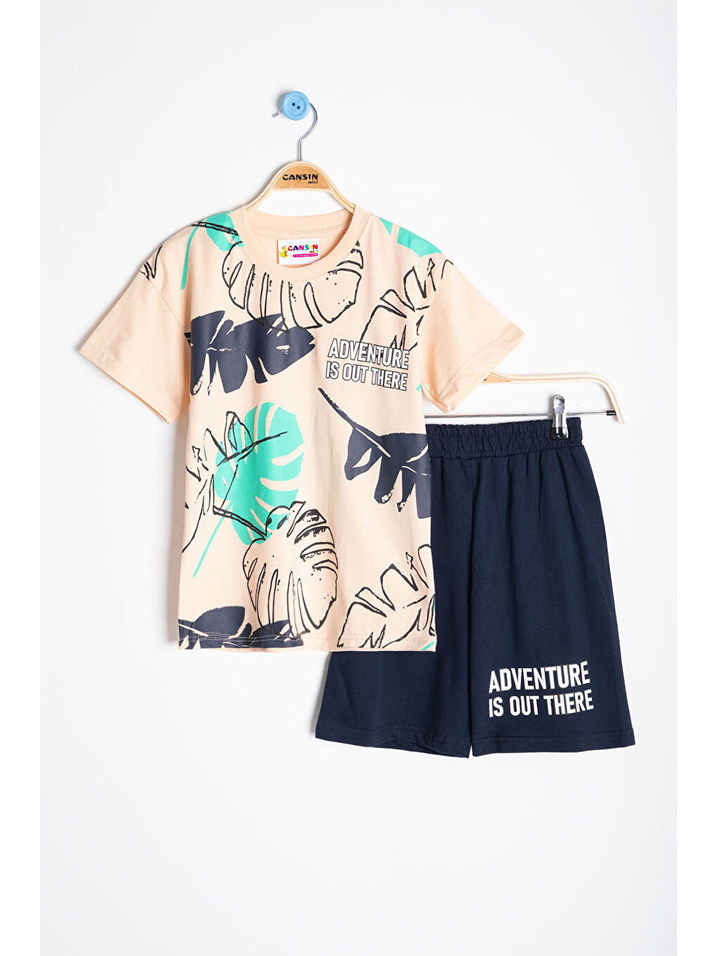 Ekru Krem Yaprak Baskılı Bisiklet Yaka Erkek Çocuk 2li Şortlu Takım 21058