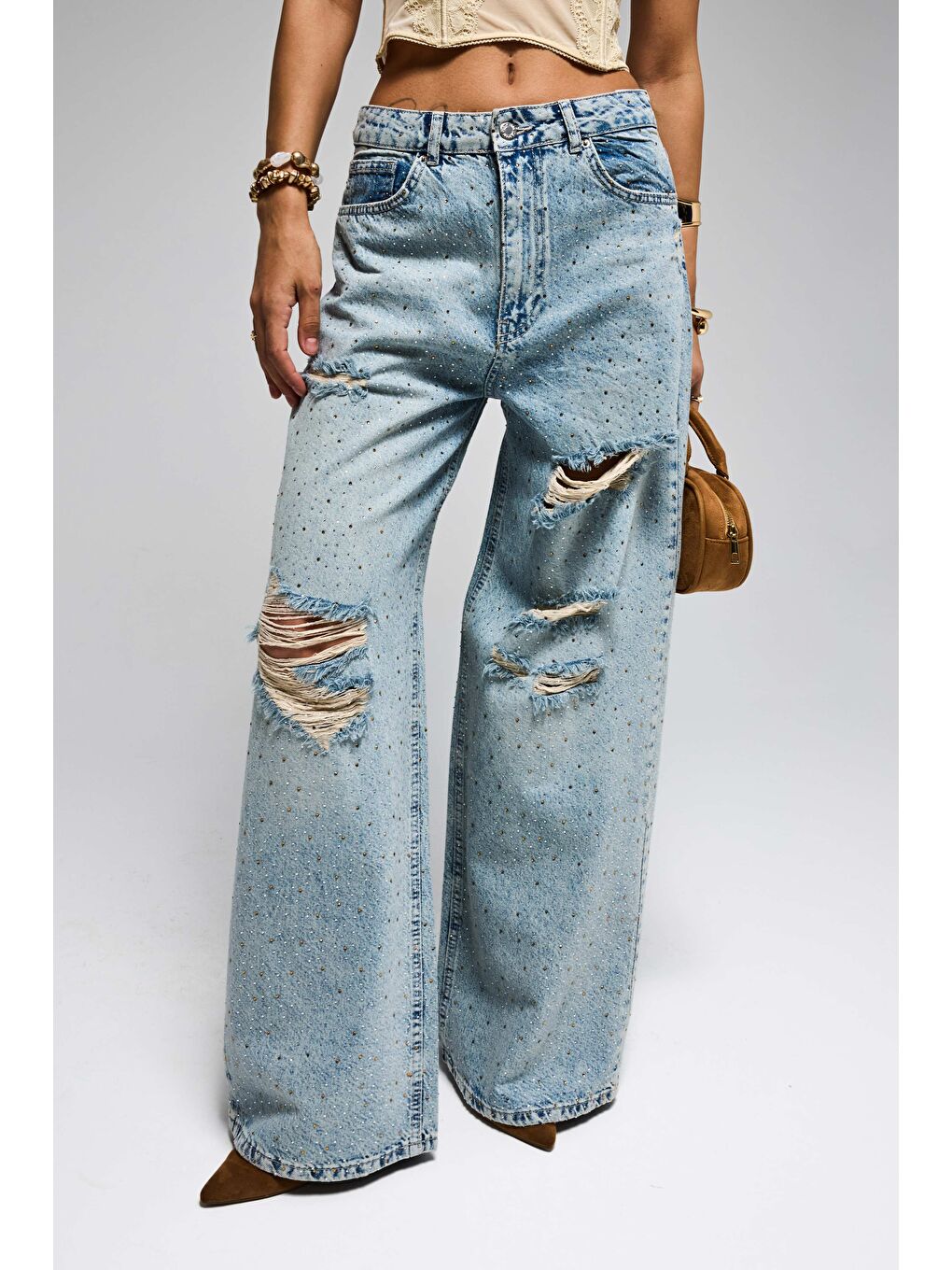 Mavi Kadın Jean Rengi T-12s6-32 Süper Baggy Orta Bel Parlak Taşlı Özel Tasarım Denim Jean