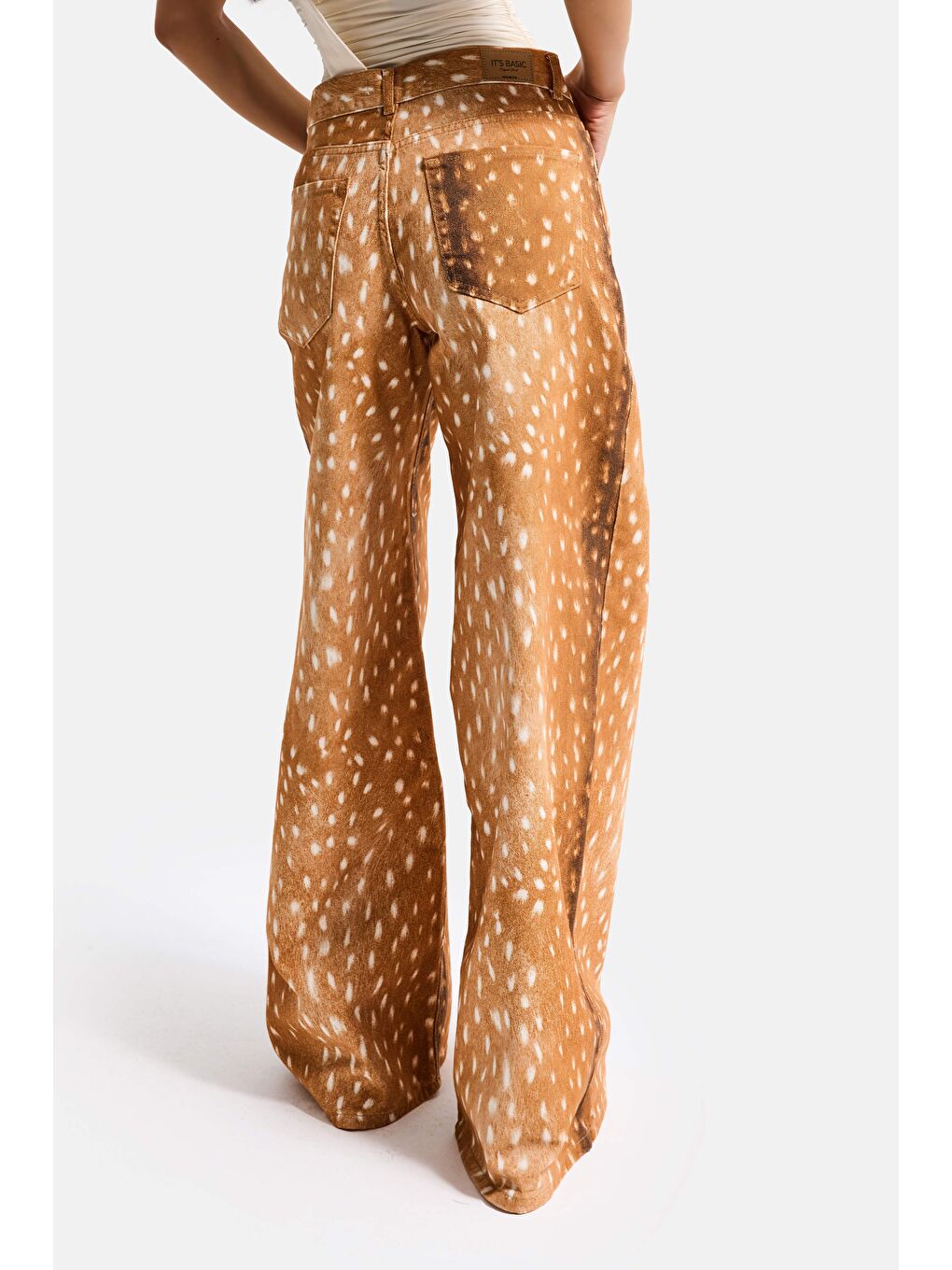 Kahverengi Kadın Kahve 7s6 Bambi Desen Palazzo Fit Özel Kumaş Tasarım Denim Jean-1