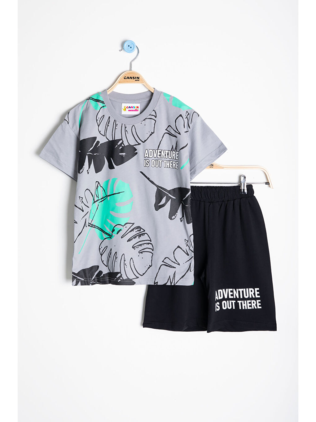 Gri Yaprak Baskılı Bisiklet Yaka Erkek Çocuk 2li Şortlu Takım 21055