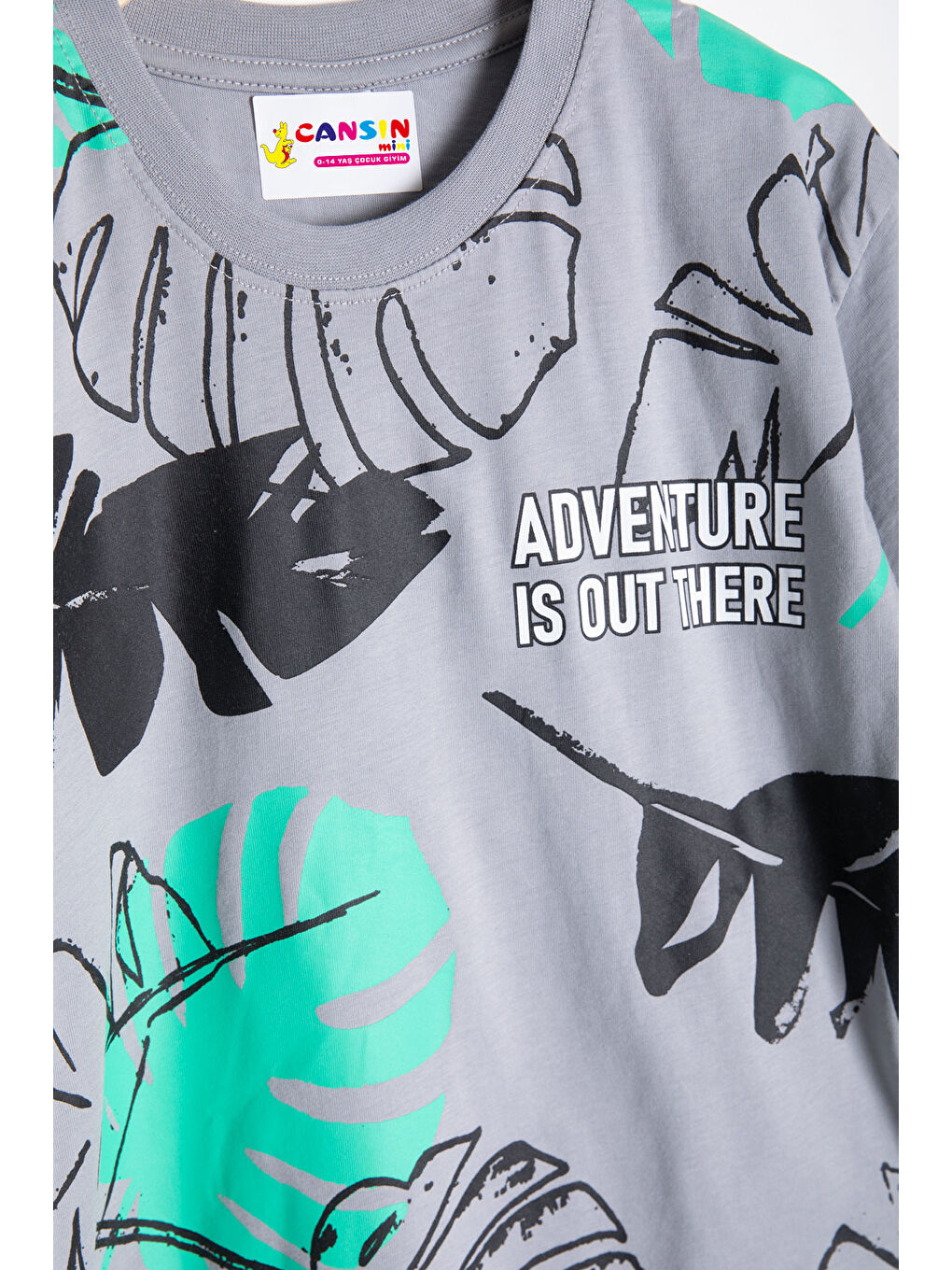 Gri Yaprak Baskılı Bisiklet Yaka Erkek Çocuk 2li Şortlu Takım 21055-1