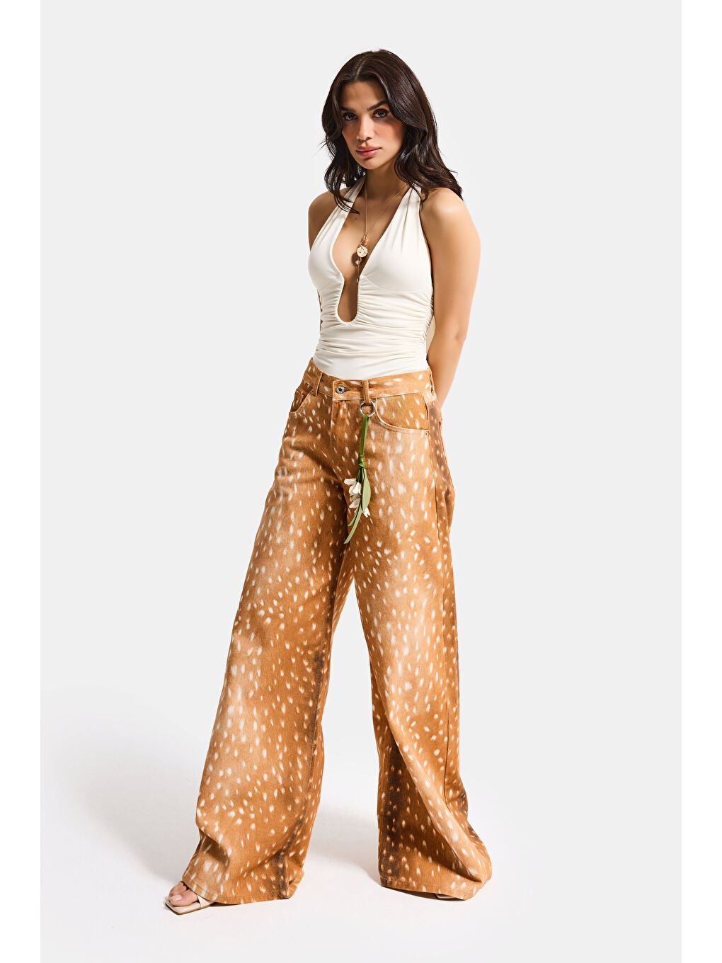 Kahverengi Kadın Kahve 7s6 Bambi Desen Palazzo Fit Özel Kumaş Tasarım Denim Jean-3