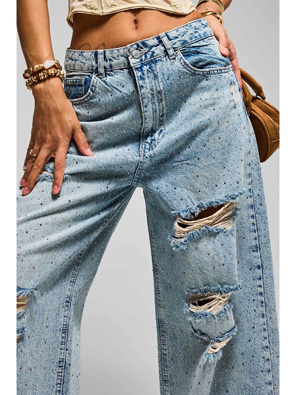 Mavi Kadın Jean Rengi T-12s6-32 Süper Baggy Orta Bel Parlak Taşlı Özel Tasarım Denim Jean-2